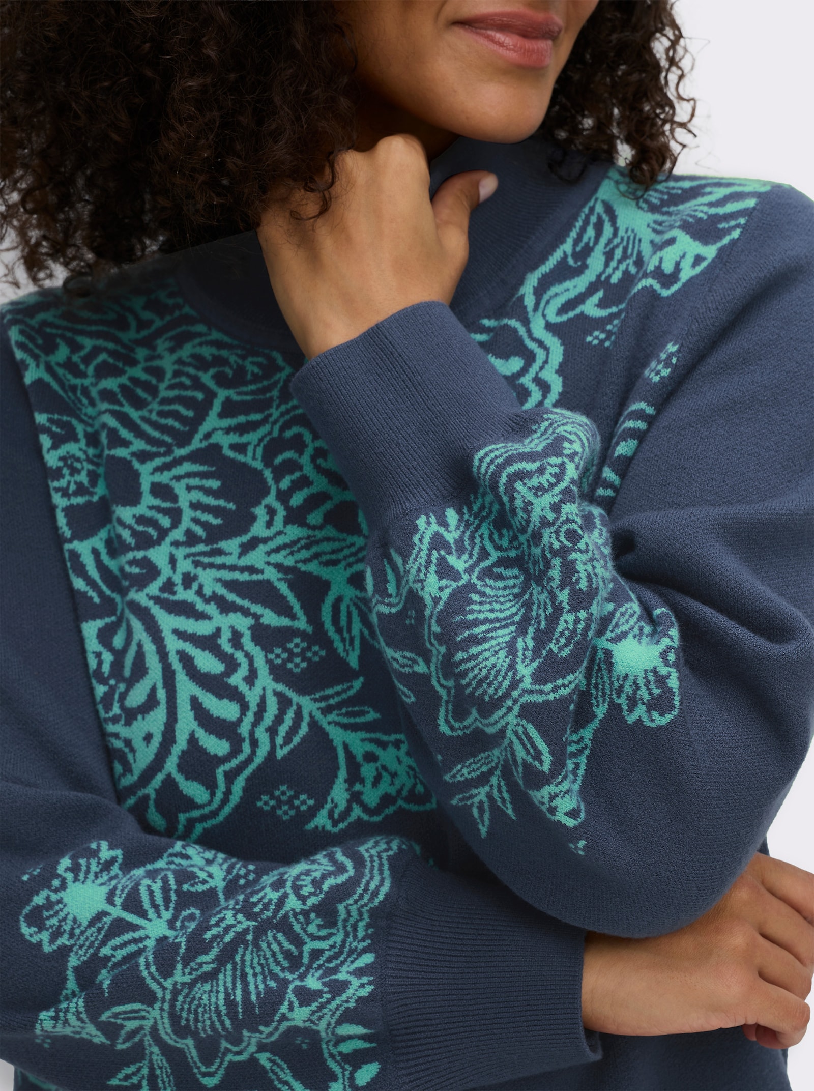 sheego by Joe Browns Longpullover mit Ajourmuster - dunkelblau-blaugrün-gemustert