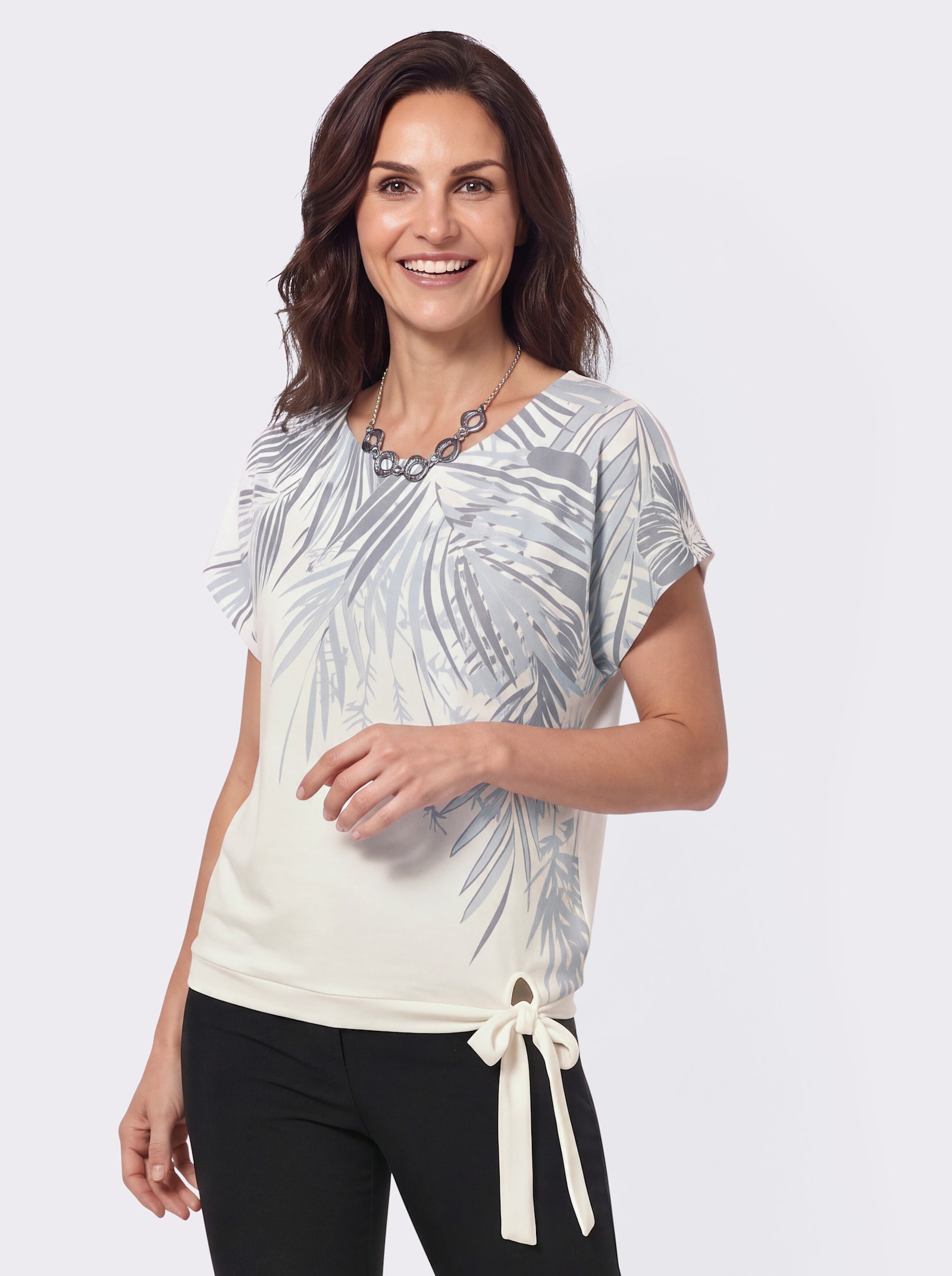 Print-Shirt mit Bindeband - eisblau-ecru