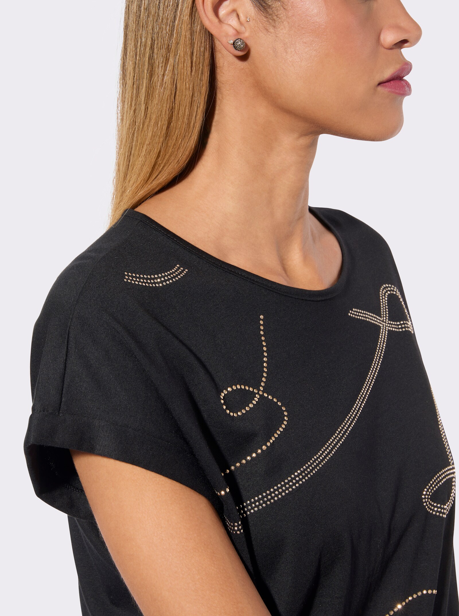 Kurzarmshirt mit Glitzersteinchen - schwarz