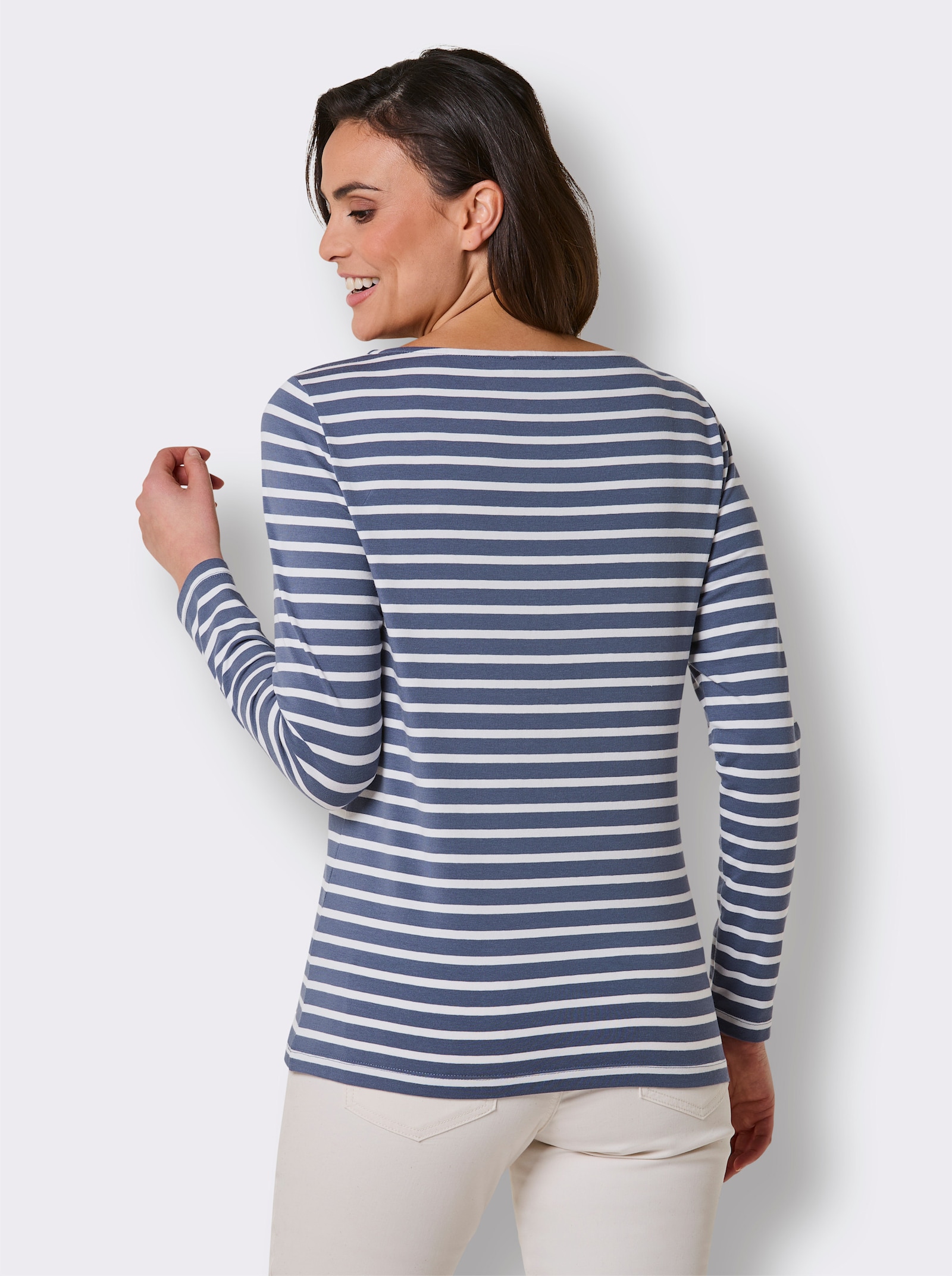 CREATION L PREMIUM Ringelshirt mit Strass-Steinchen - rauchblau-weiß-geringelt