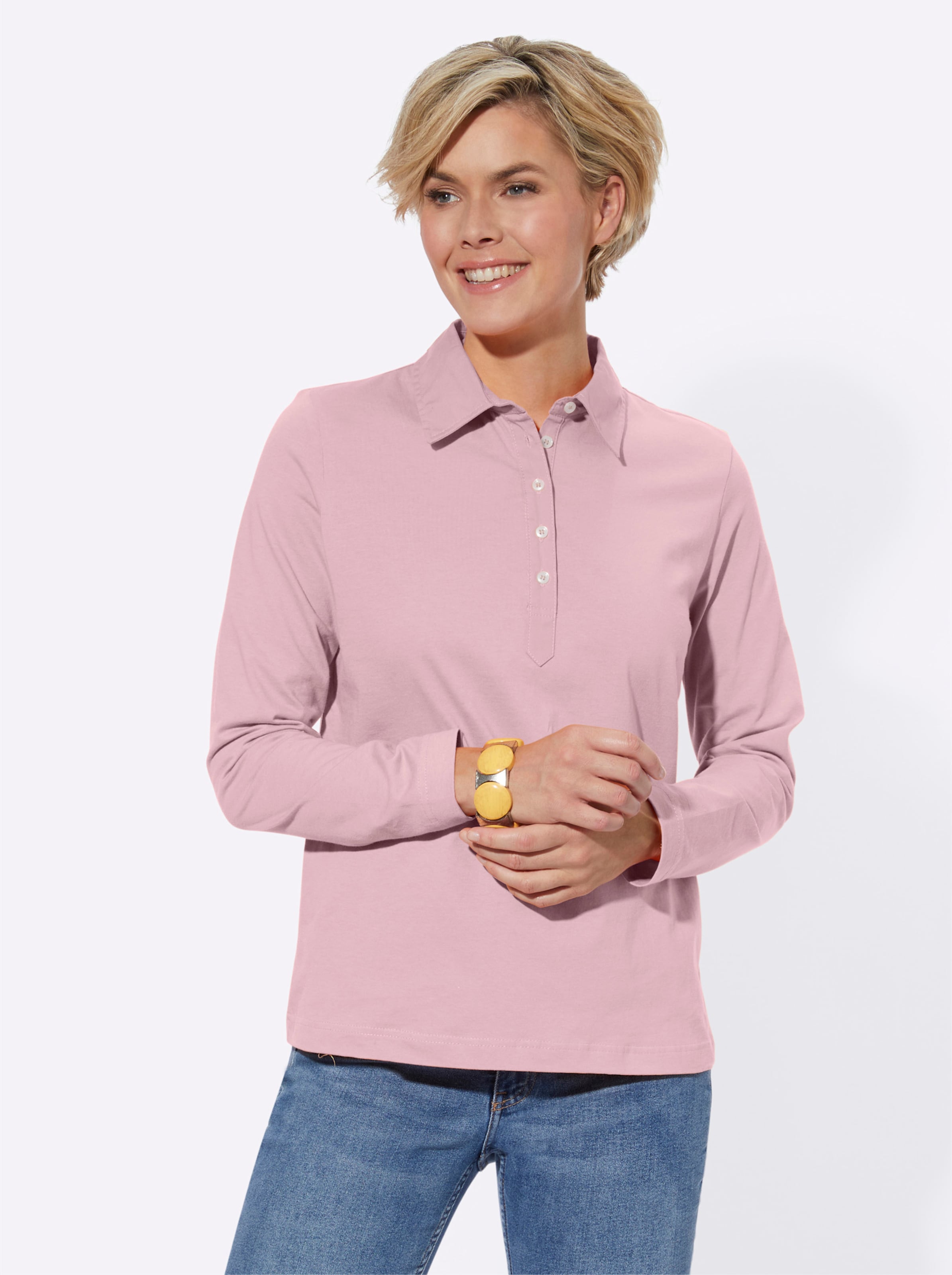 Lang Shirt  günstig Kaufen-Langarm-Poloshirt in rosé von heine. Langarm-Poloshirt in rosé von heine <![CDATA[Poloshirt in Single-Jersey-Qualität. Mit Polokragen und Knopfleiste. Langarm.]]>. 