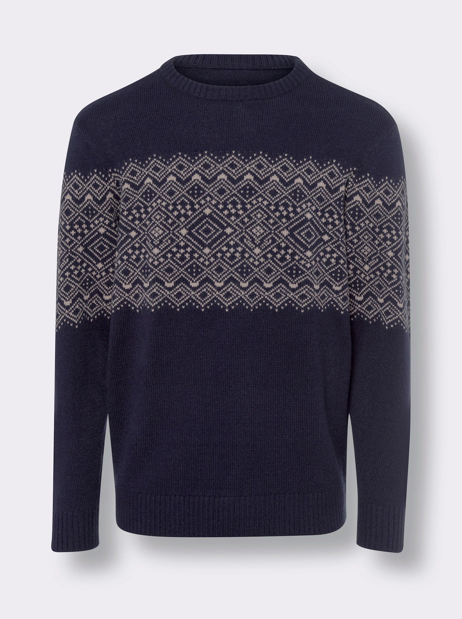 Pulóver s okrúhlym výstrihom a nórskym vzorom - námornícka modrá a béžová