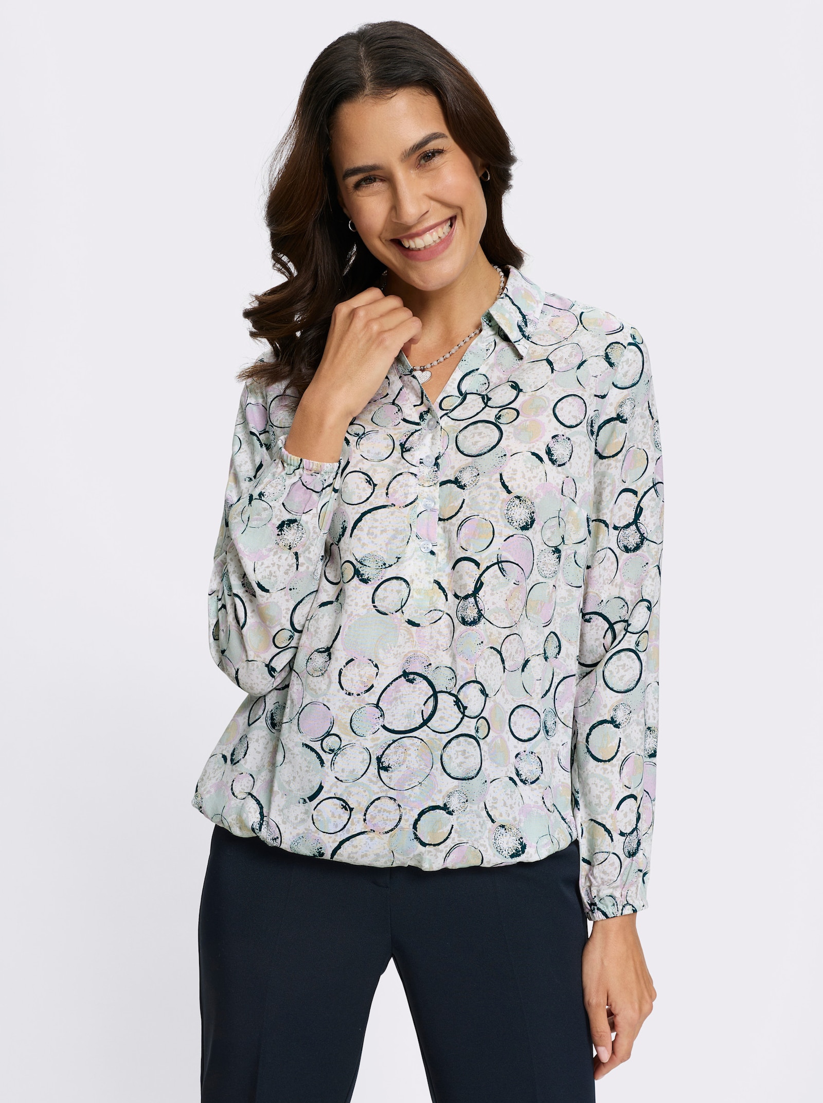 Druckbluse mit Gummibündchen an Ärmeln und Saum - ecru-kalkmint-bedruckt