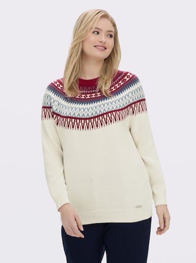 Norwegerpullover aus reiner Baumwolle - ecru-kirsche-gemustert