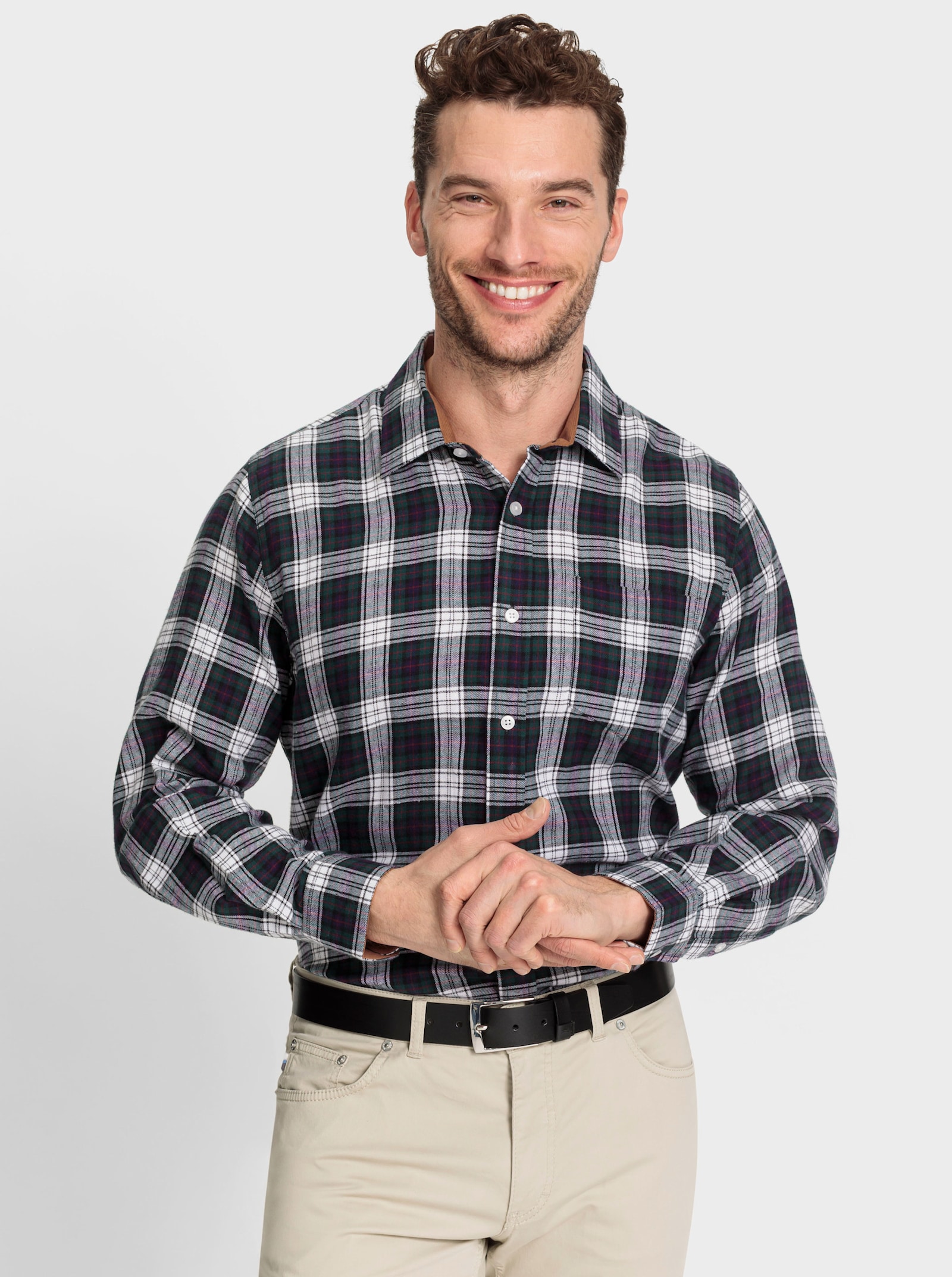 Marco Donati Flanellhemd mit Cord-Akzenten - petrol-weiss-kariert