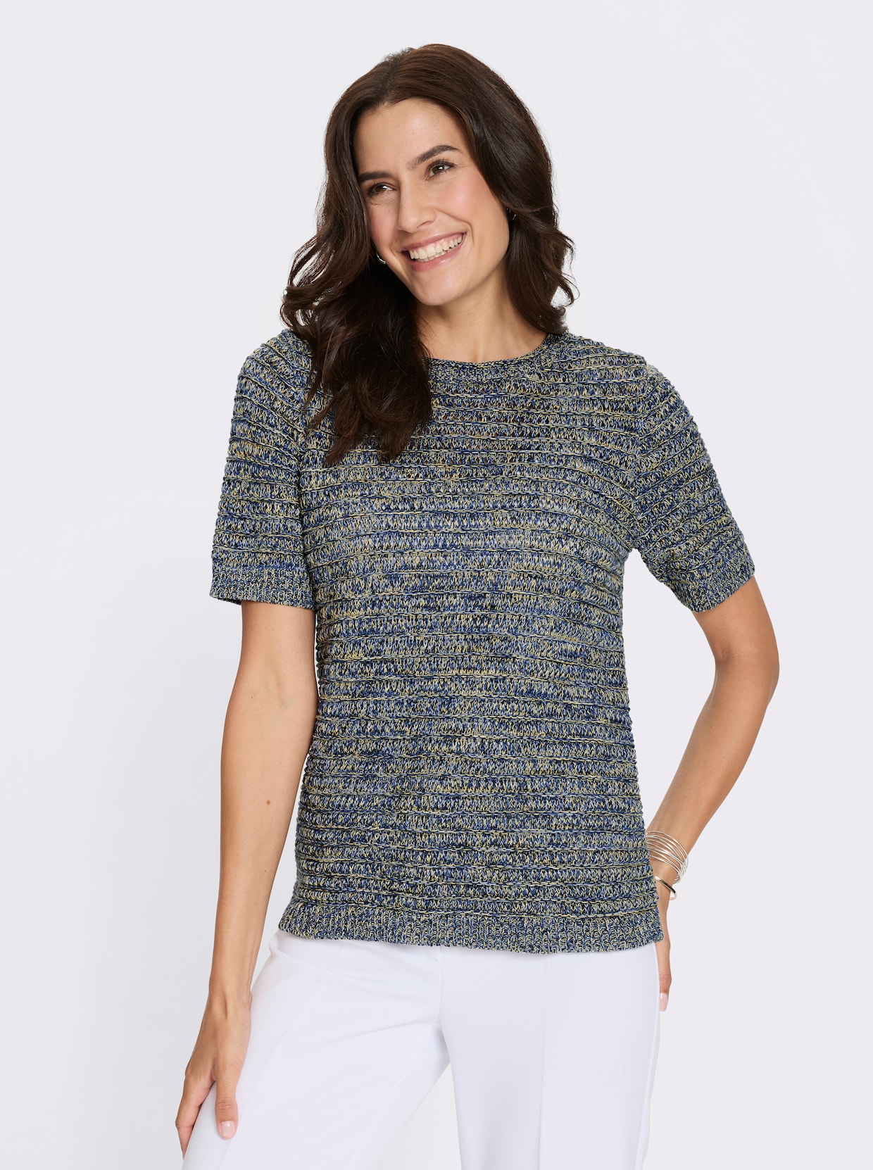 Baumwollpullover aus Melange-Garn - jeansblau-schwarz-gemustert