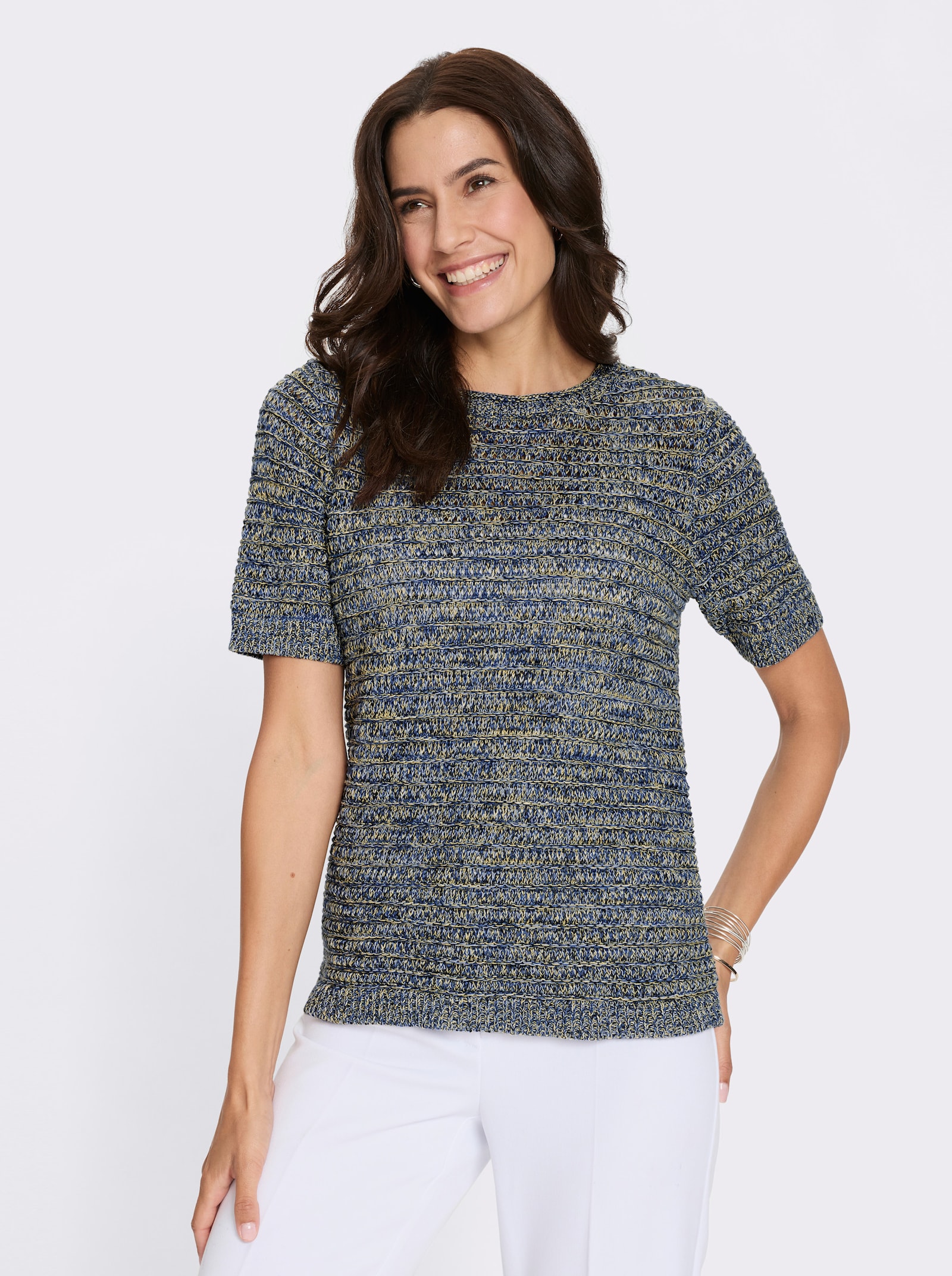 Baumwollpullover aus Melange-Garn - jeansblau-schwarz-gemustert