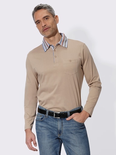 Langarm-Poloshirt mit gewebtem Kragen - beige