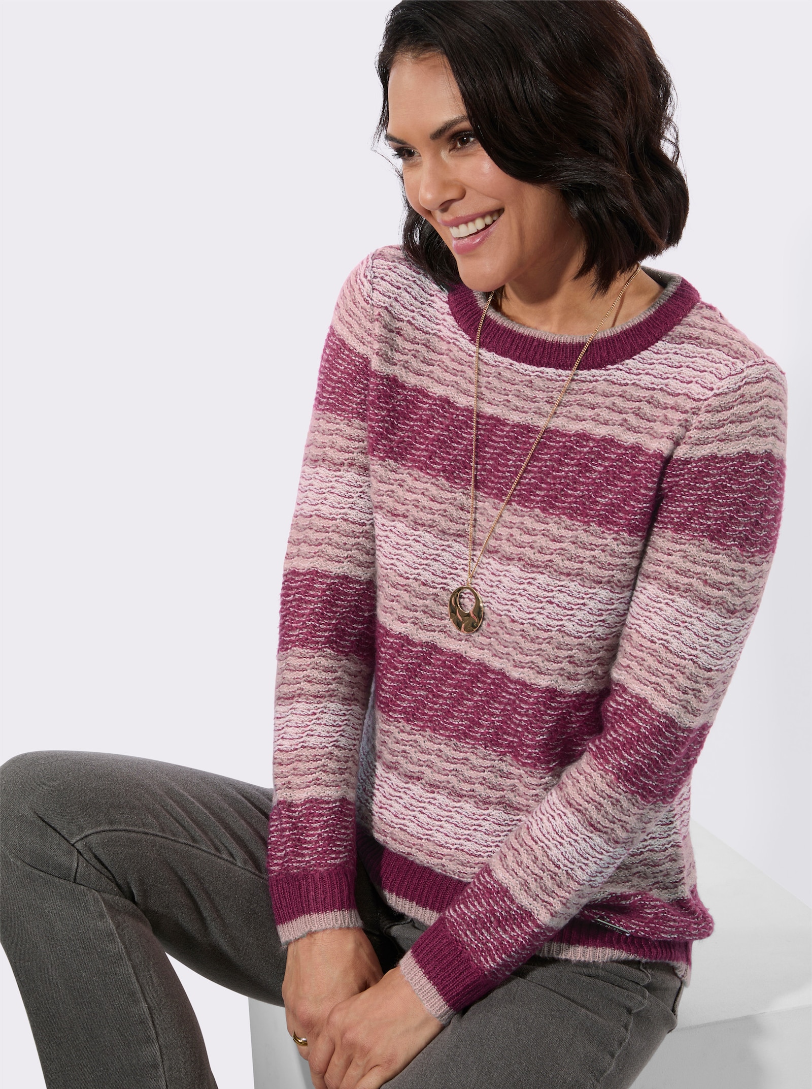 Streifenpullover mit Rundhalsausschnitt - malve-hortensie-gemustert