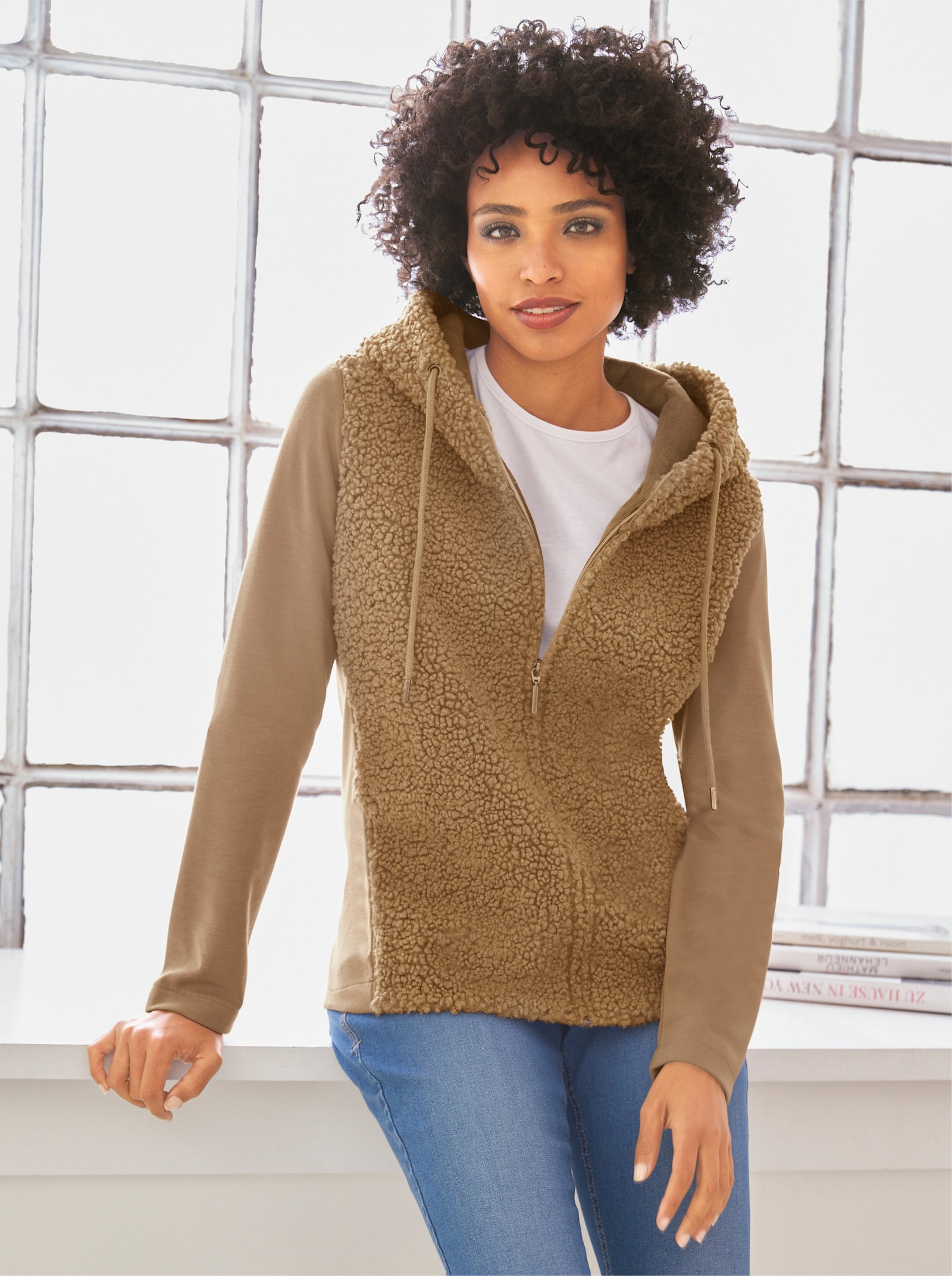 heine Sweatjacke mit Teddy-Fleece - camel