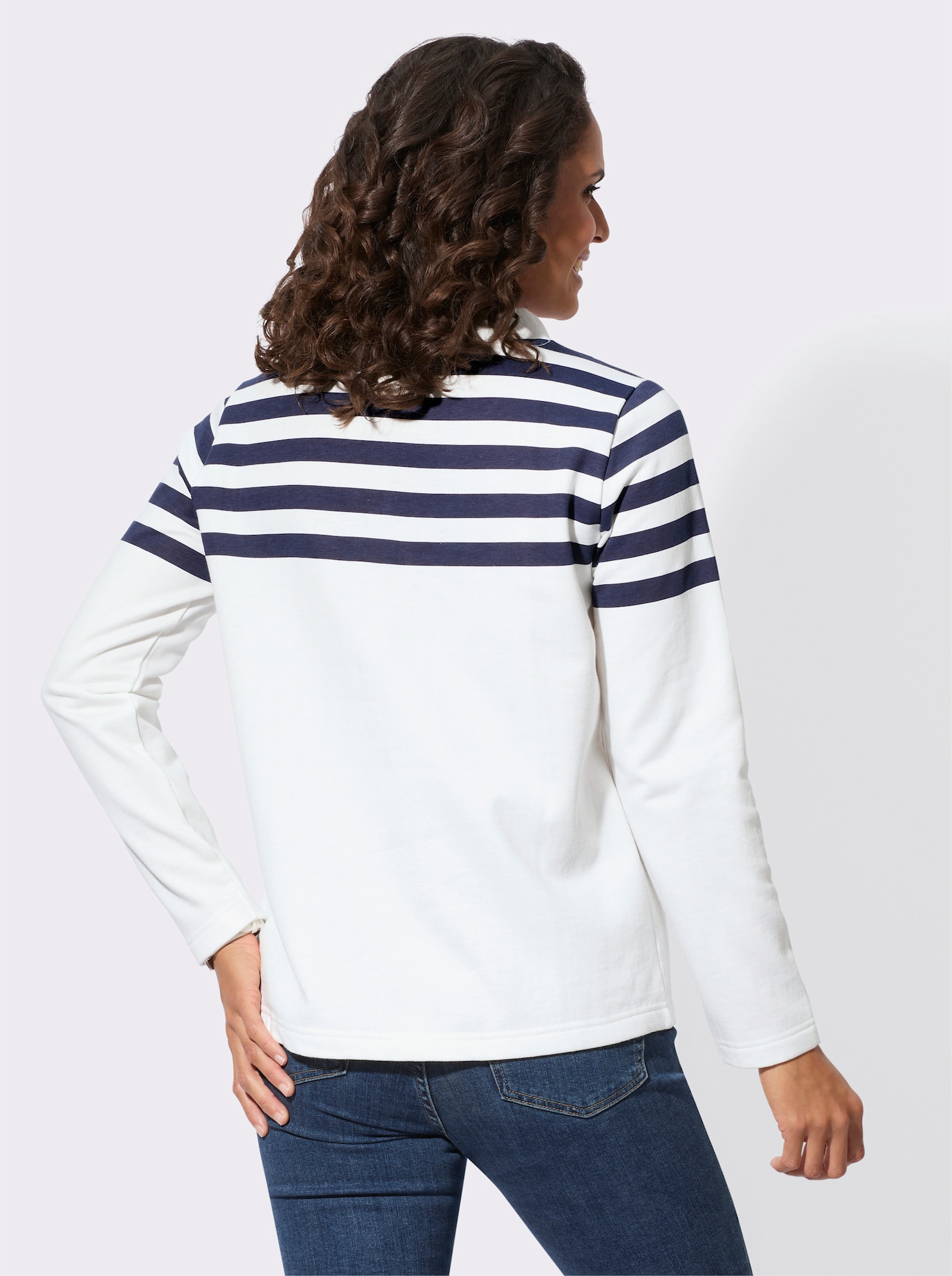 Sweatshirt met hoge opstaande kraag - ecru/marine