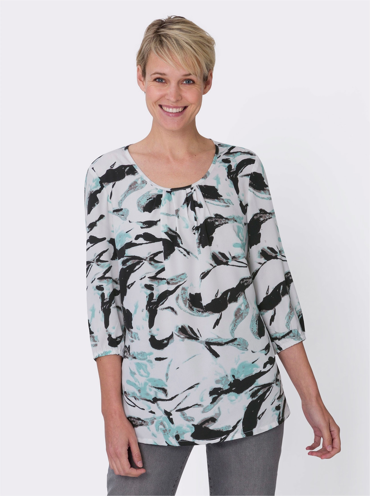 Comfortabele blouse - wit/mint bedrukt