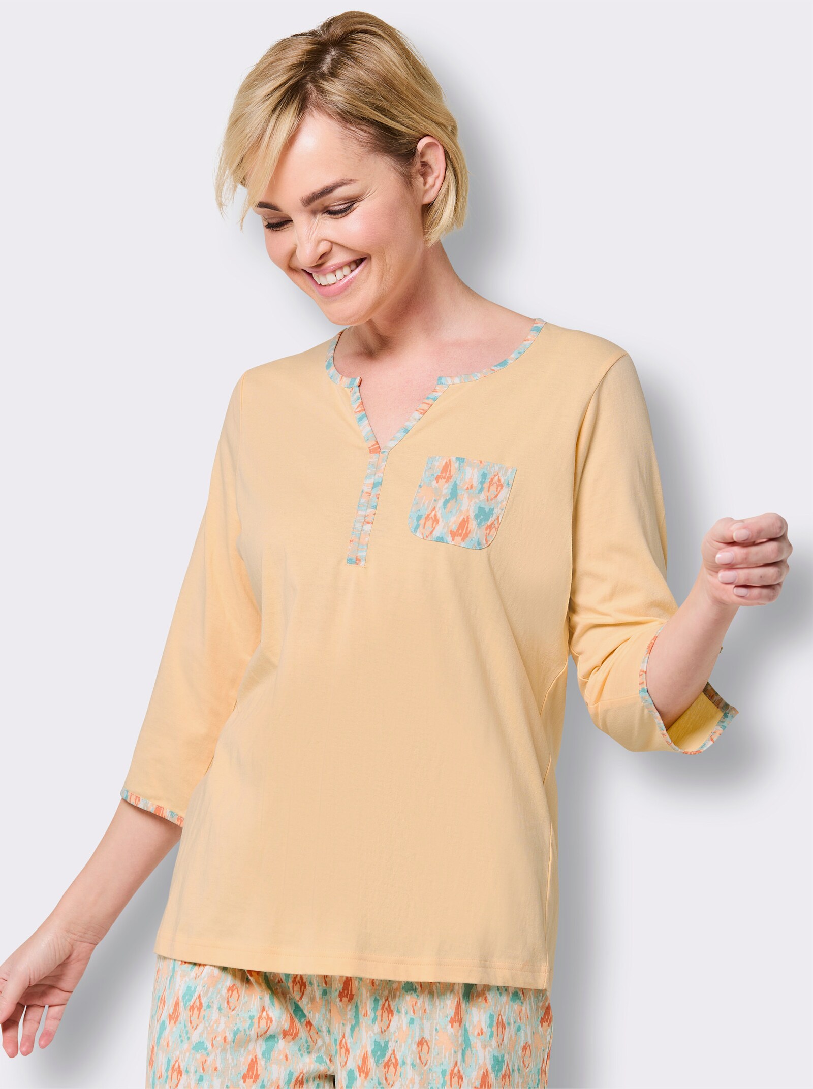 wäschepur Schlafanzug aus reiner Baumwolle - apricot-salbei-bedruckt