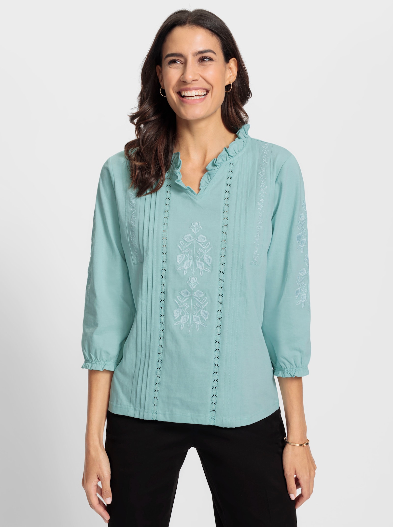 Shirt met 3/4-mouwen en ruches bij de hals - mint