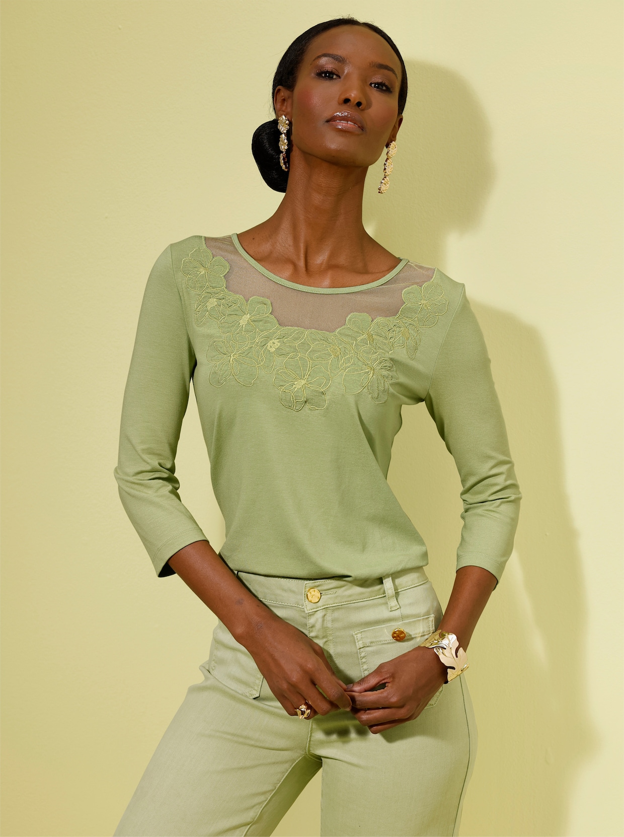 3/4-Arm-Shirt mit Spitze am Ausschnitt - lindgrün