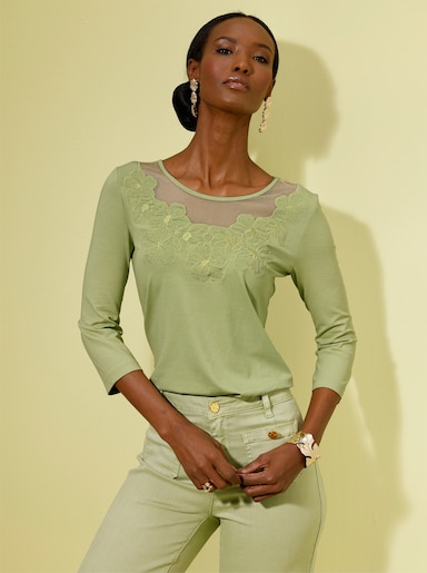 3/4-Arm-Shirt mit Spitze am Ausschnitt - lindgrün