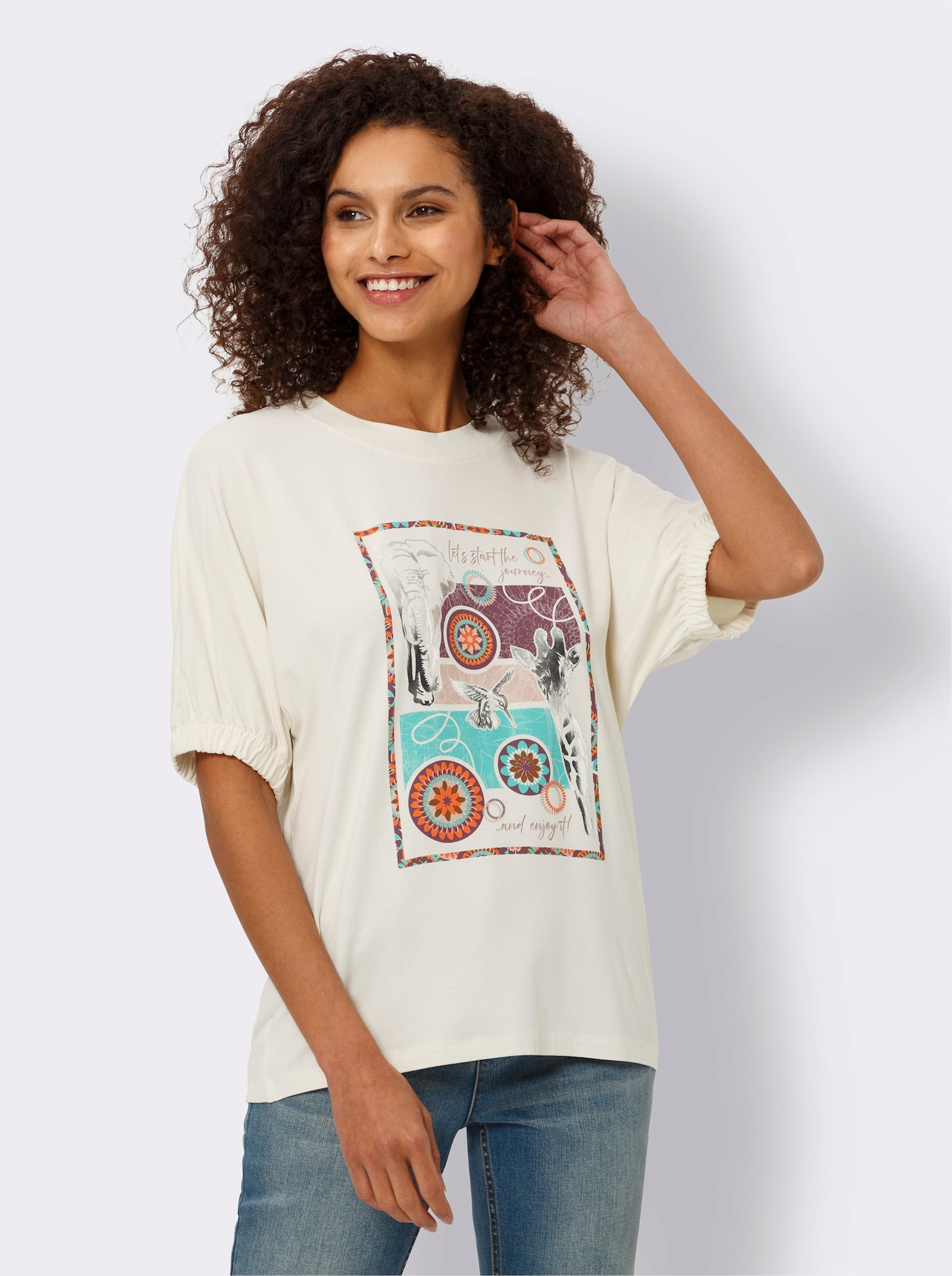 heine T-shirt à manches chauve-souris avec imprimé feuille - couleur ivoire-orange imprimé