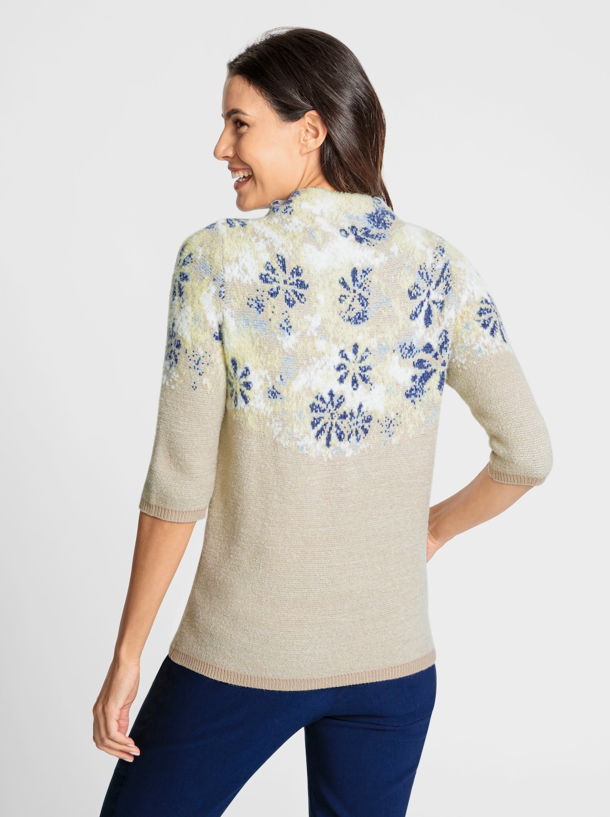 Kurzarmpullover - sand-zitrone-gemustert