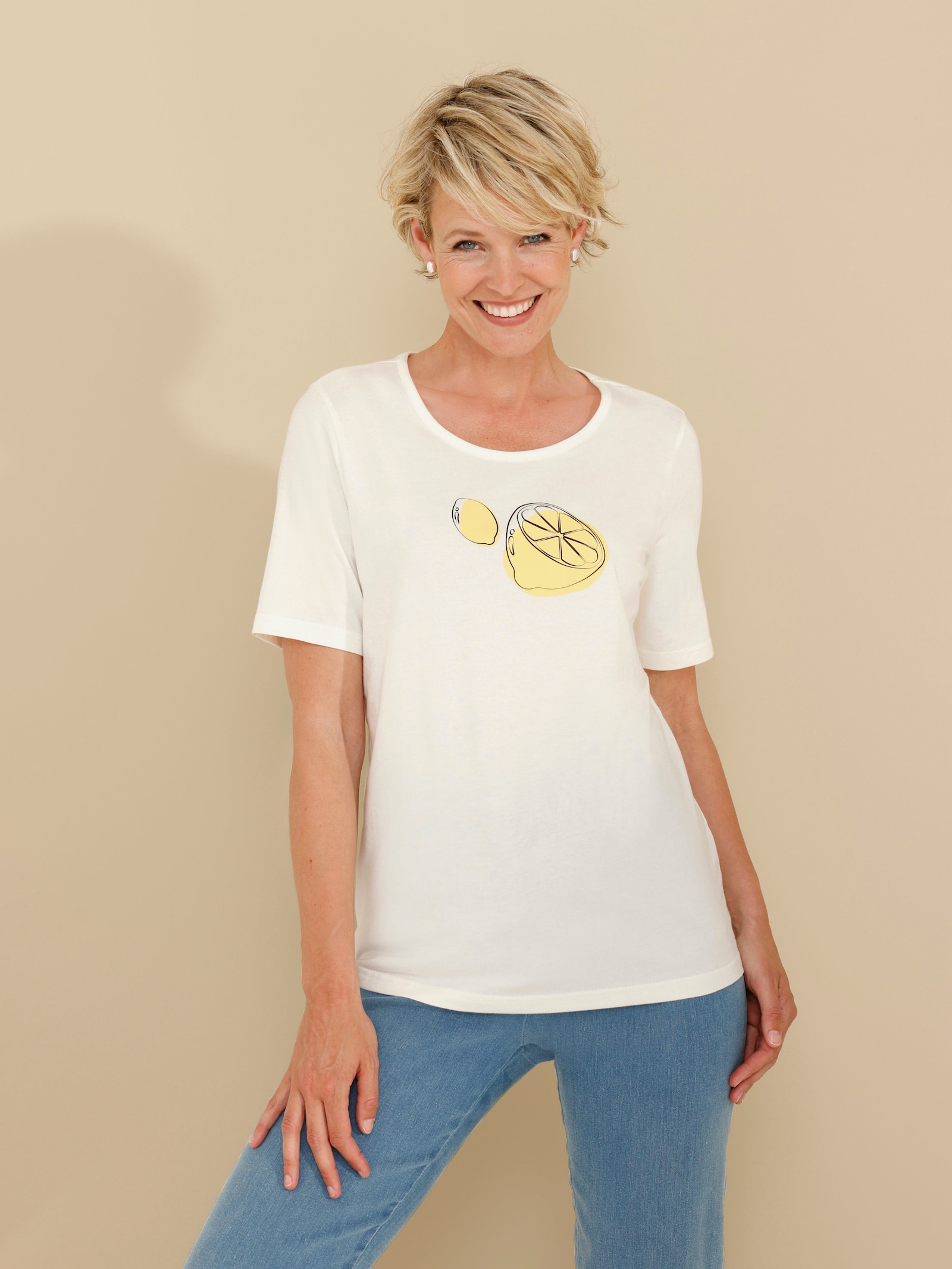 Shirt met ronde hals in set van 2 - citroen + ecru/citroen