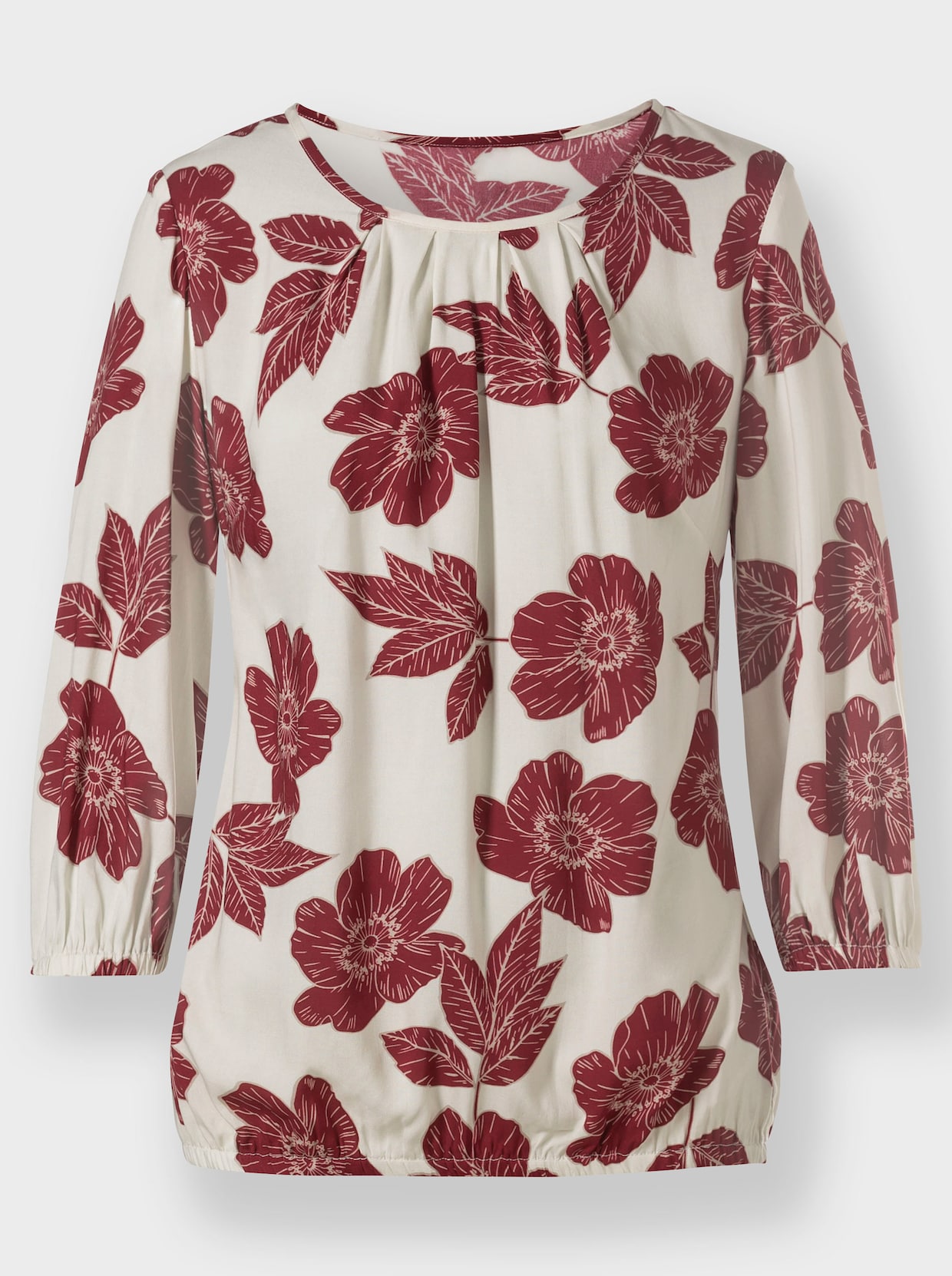 Druckbluse - champagner-dunkelrot-bedruckt