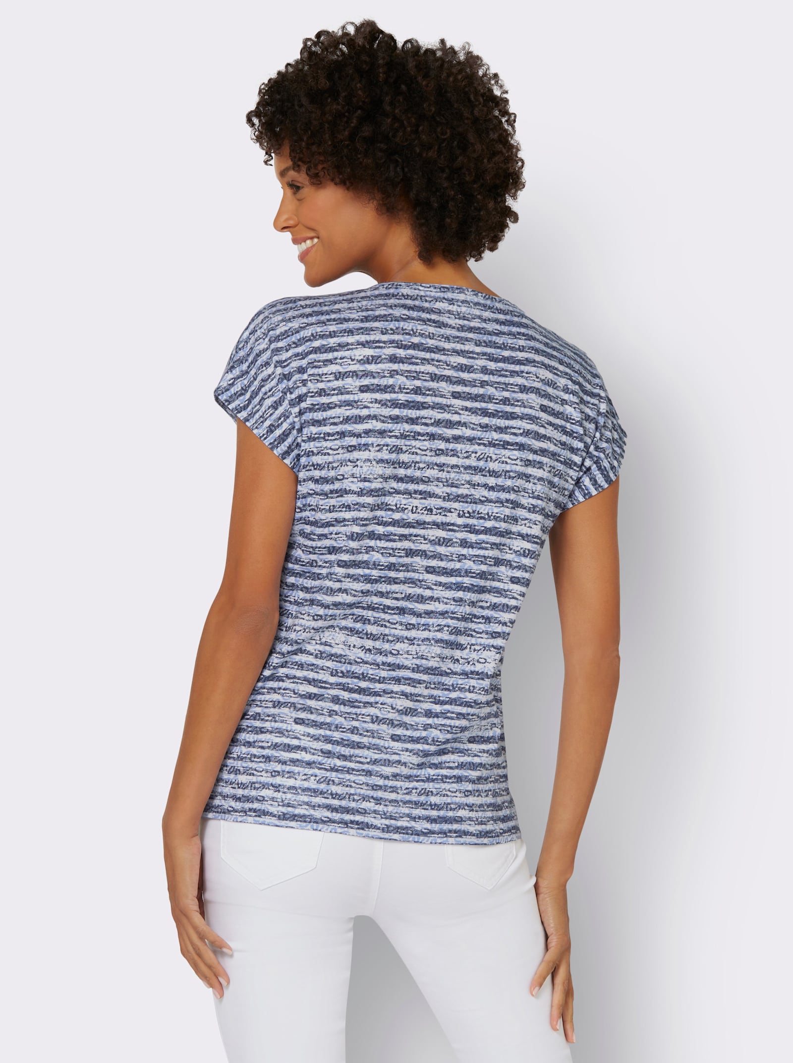 Rundhalsshirt mit weicher Baumwolle - marine-ecru-geringelt