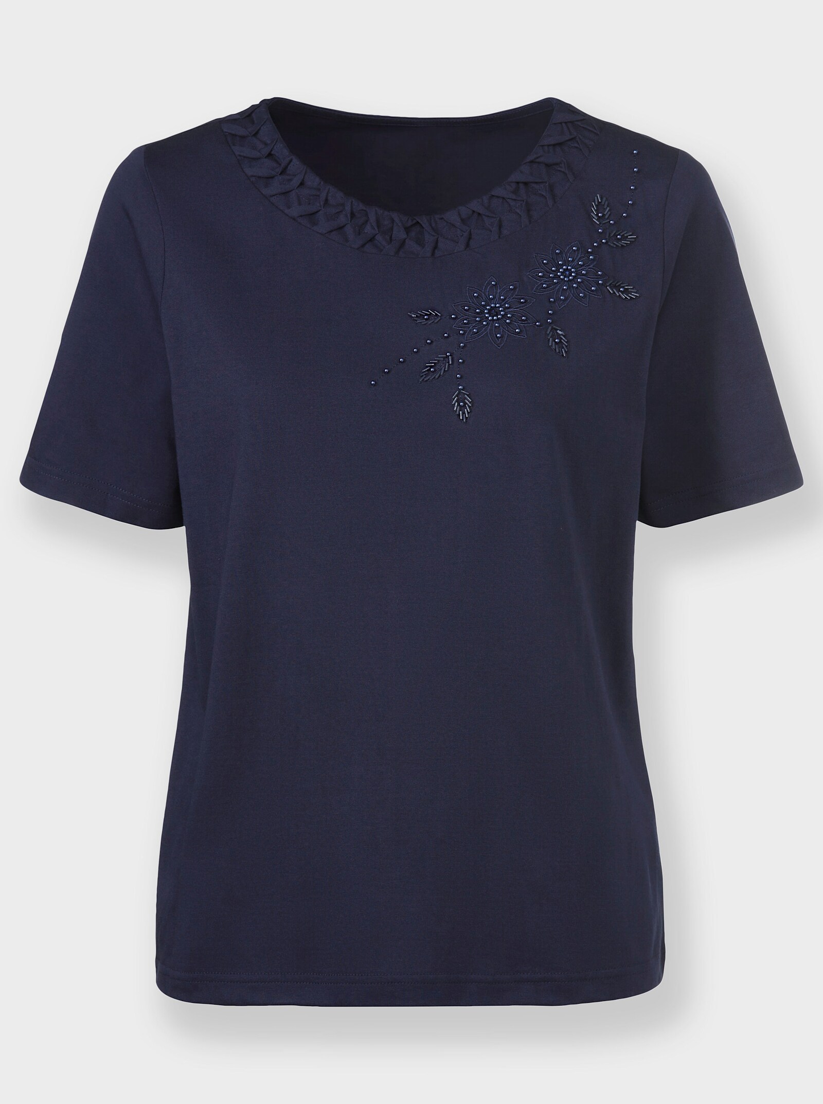 Rundhalsshirt mit Blüten-Stickerei - marine