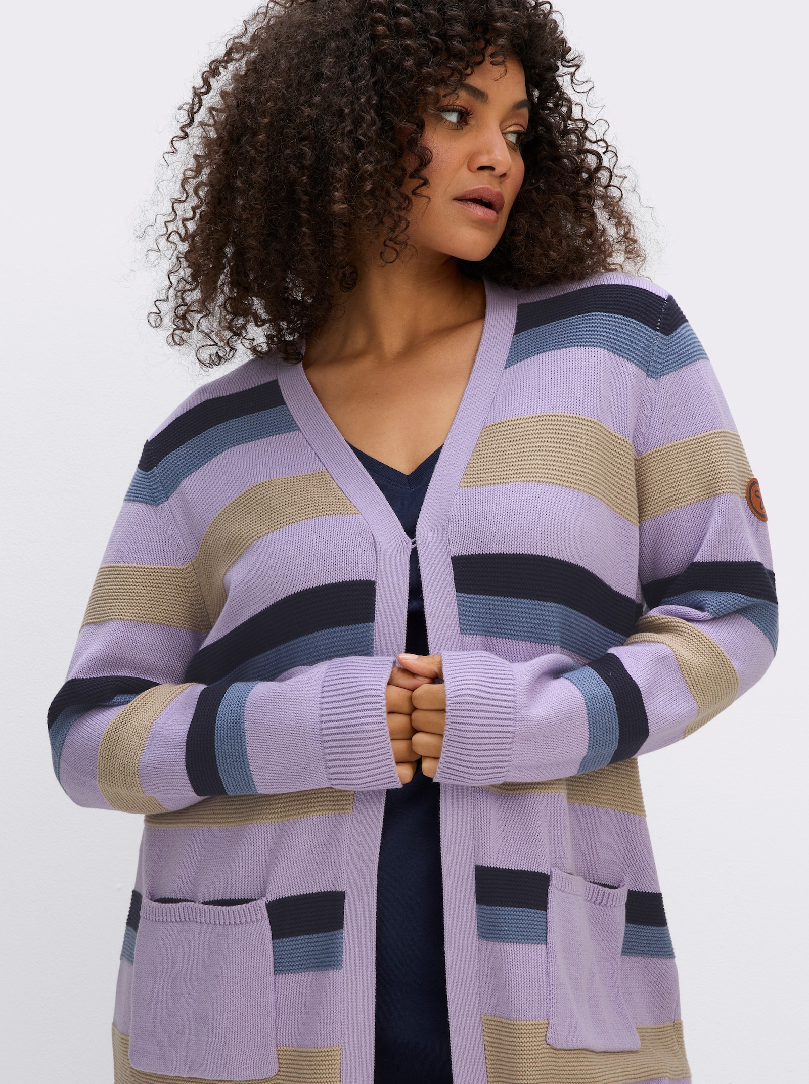 sheego Strickmantel mit Blockstreifen - flieder-taubenblau-geringelt