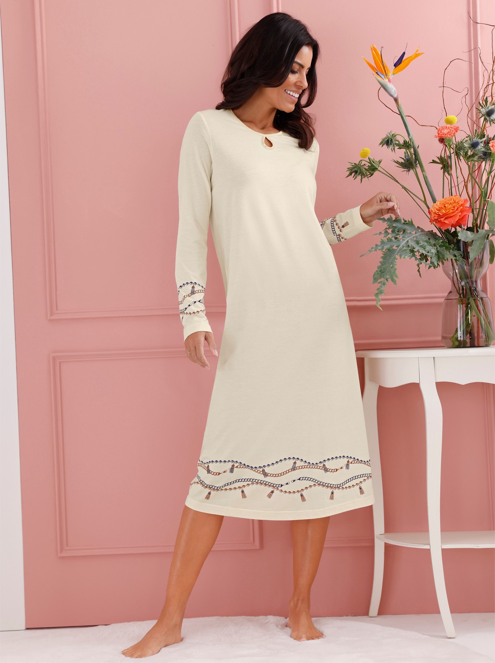 wäschepur Nachthemd mit Kettendruck - champagner-marine-bedruckt