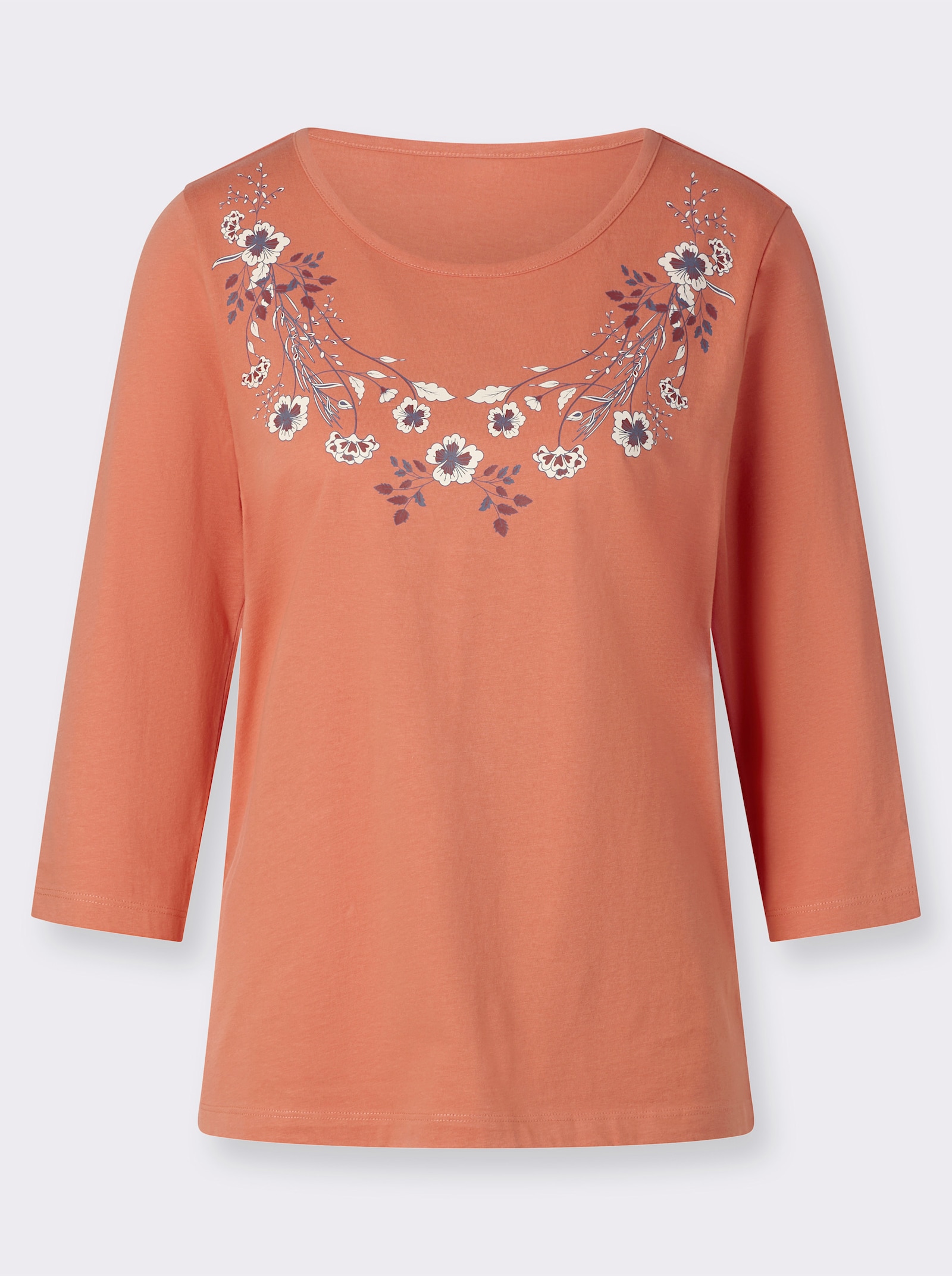 Tričko s 3/4 rukávem a květinovým vzorem - papája-šampaňská