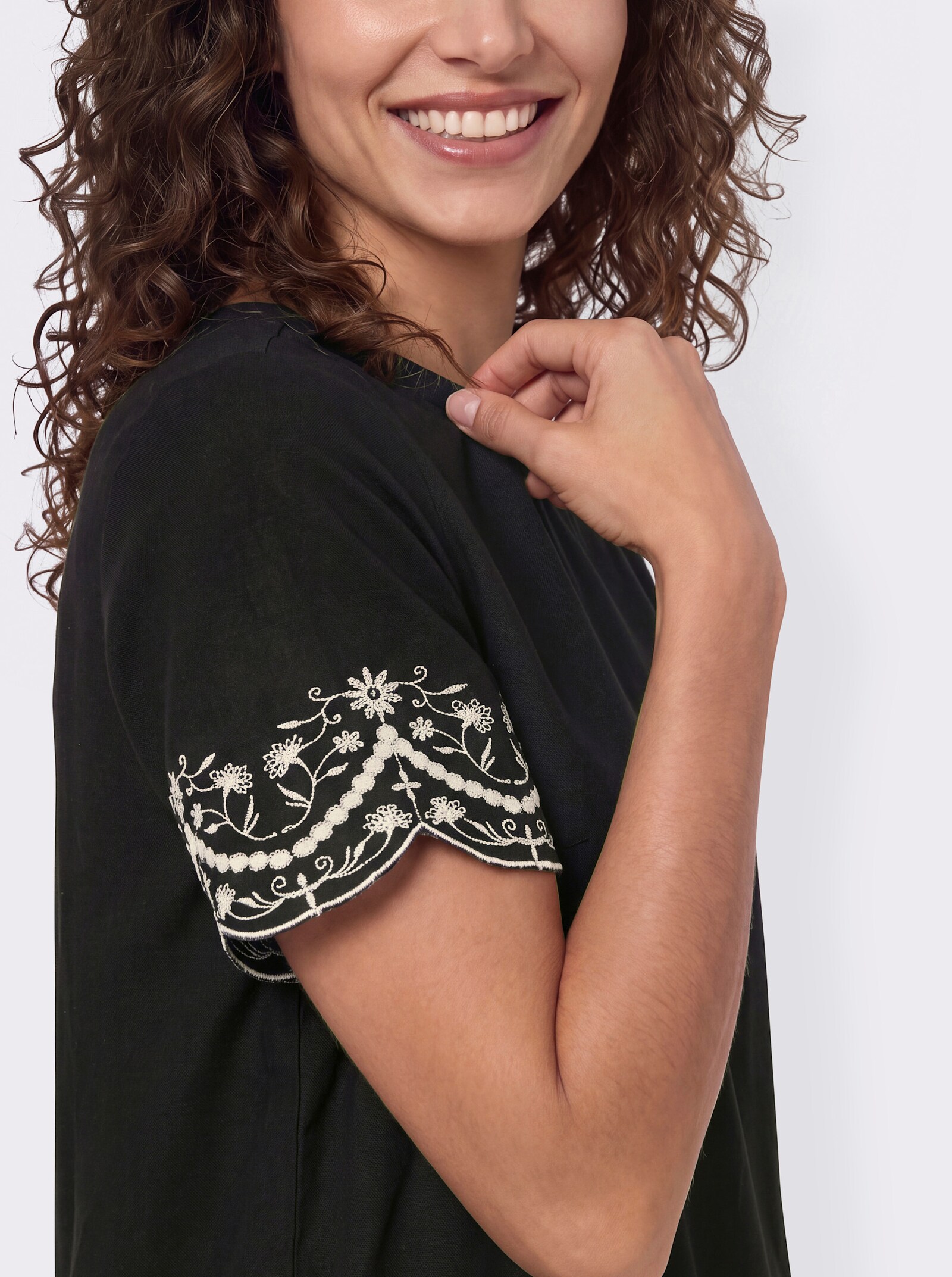 Kurzarm-Bluse mit floraler Stickerei - schwarz-champagner-gemustert
