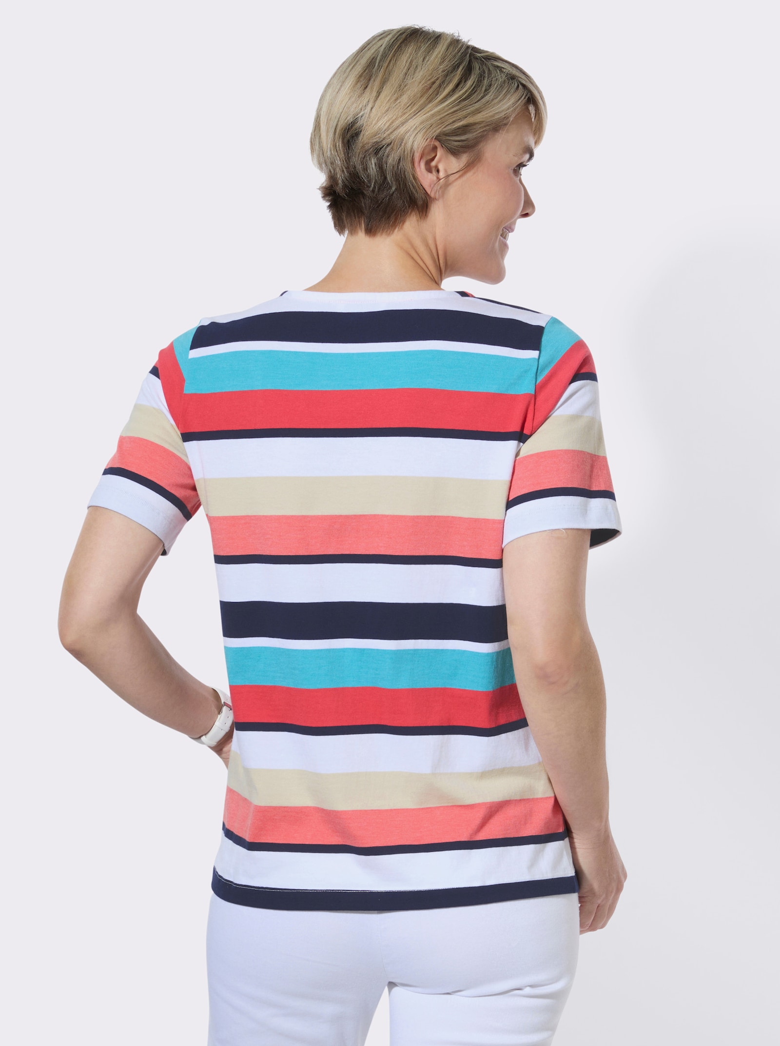 Ringelshirt mit Karree-Ausschnitt - koralle-sand-geringelt