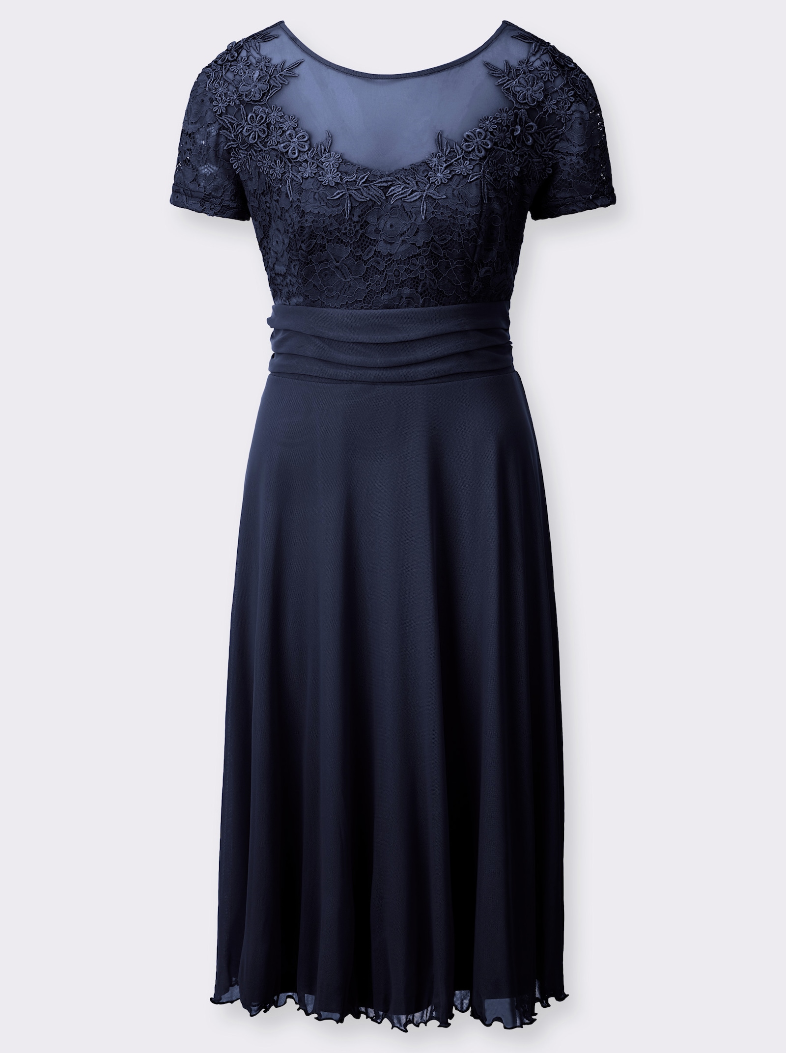 Kanten jurk met delen van mesh - donkerblauw