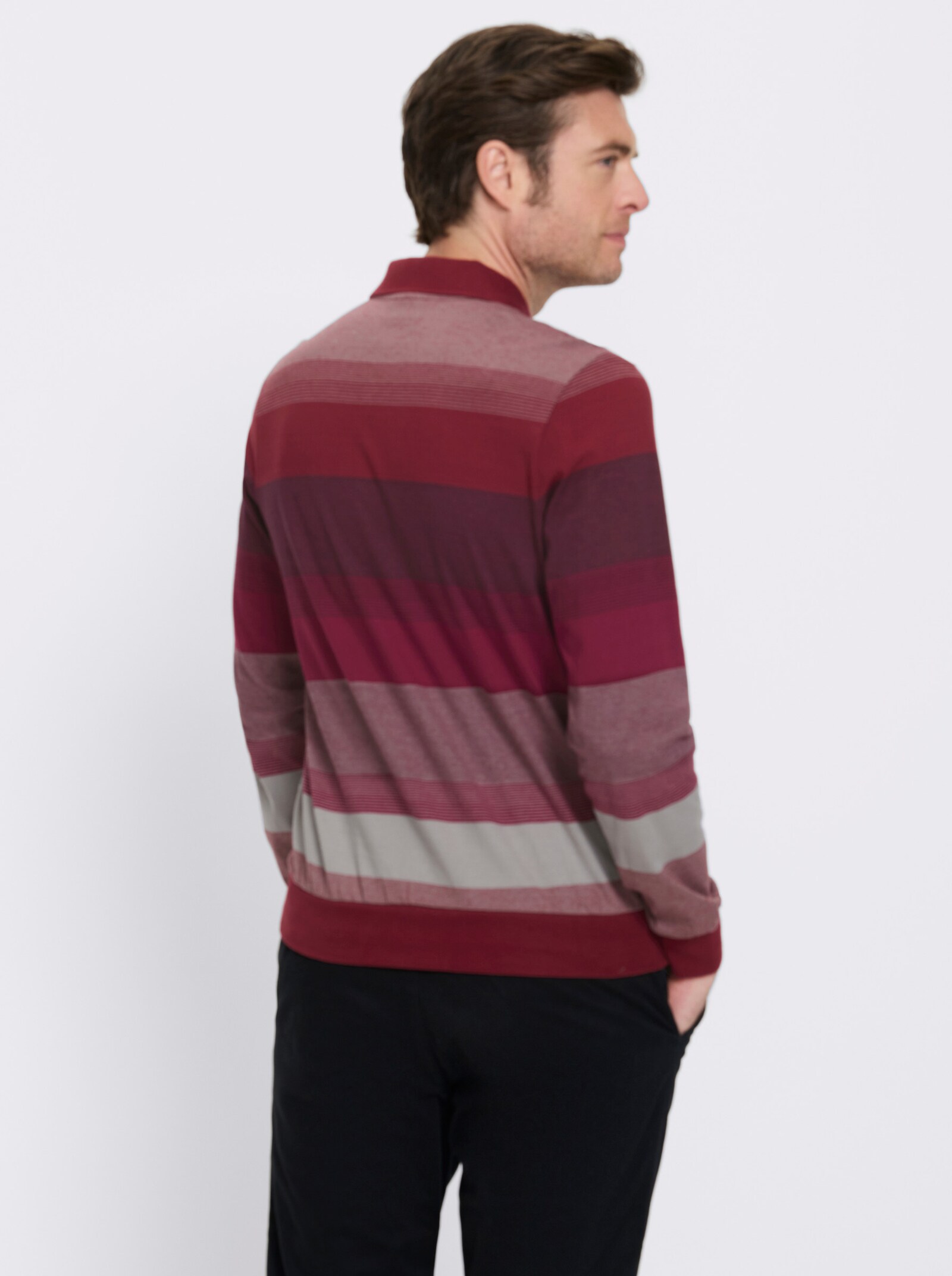 Marco Donati Langarm-Poloshirt , hochwertig garngefärbt - dunkelrot-steingrau-gestreift