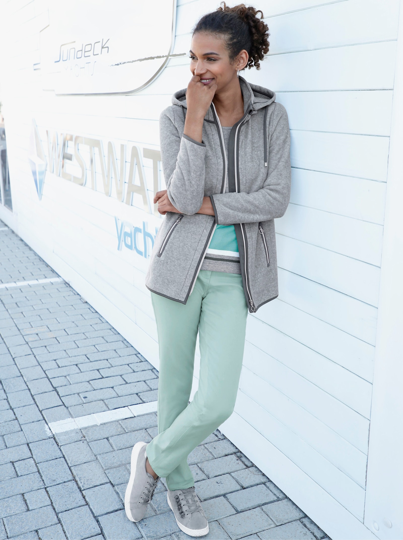 Fleecejacke mit abzippbarer Kapuze - grau-meliert