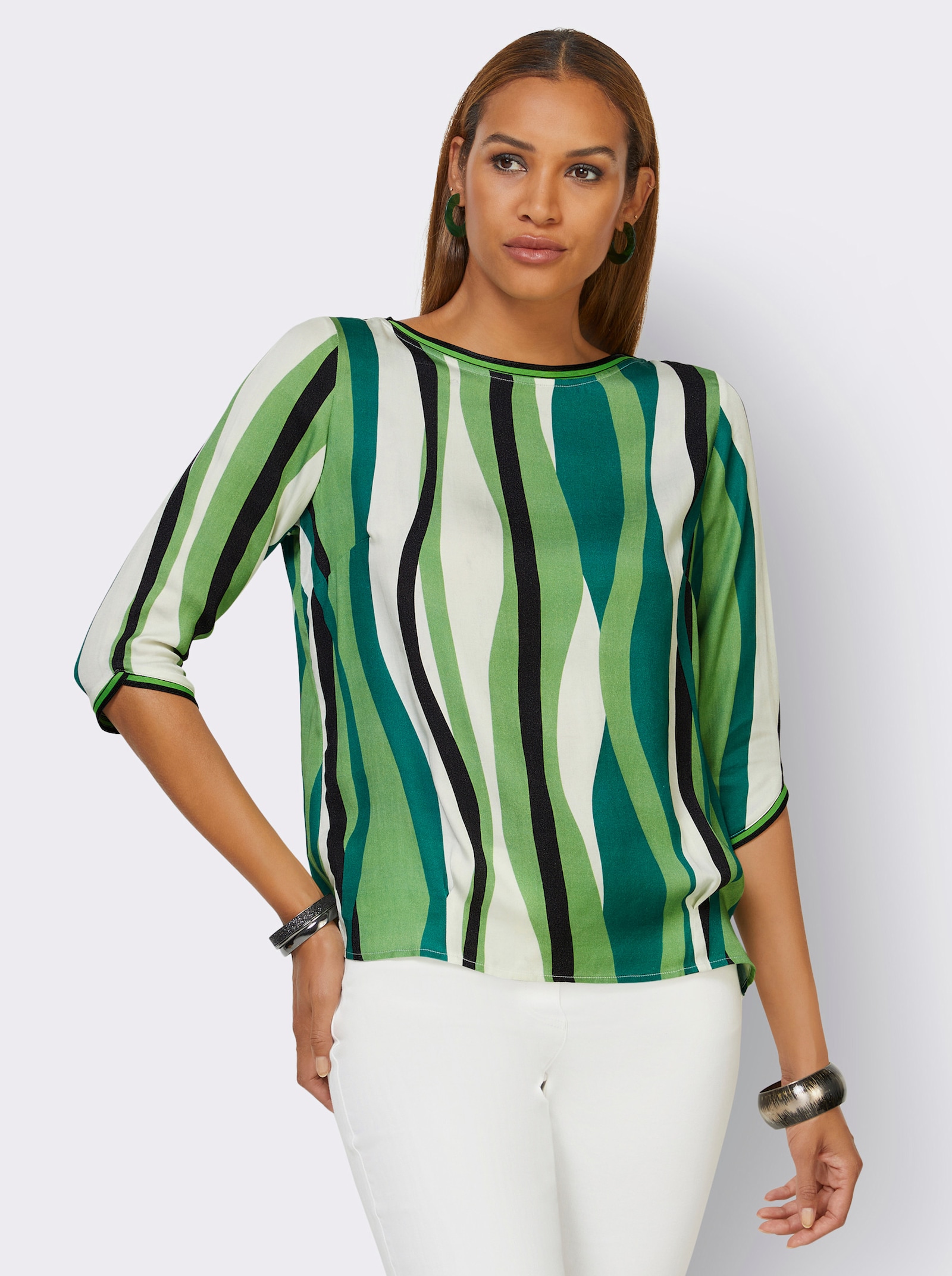 Schlupfbluse mit Strickbündchen - ecru-apfel-gemustert