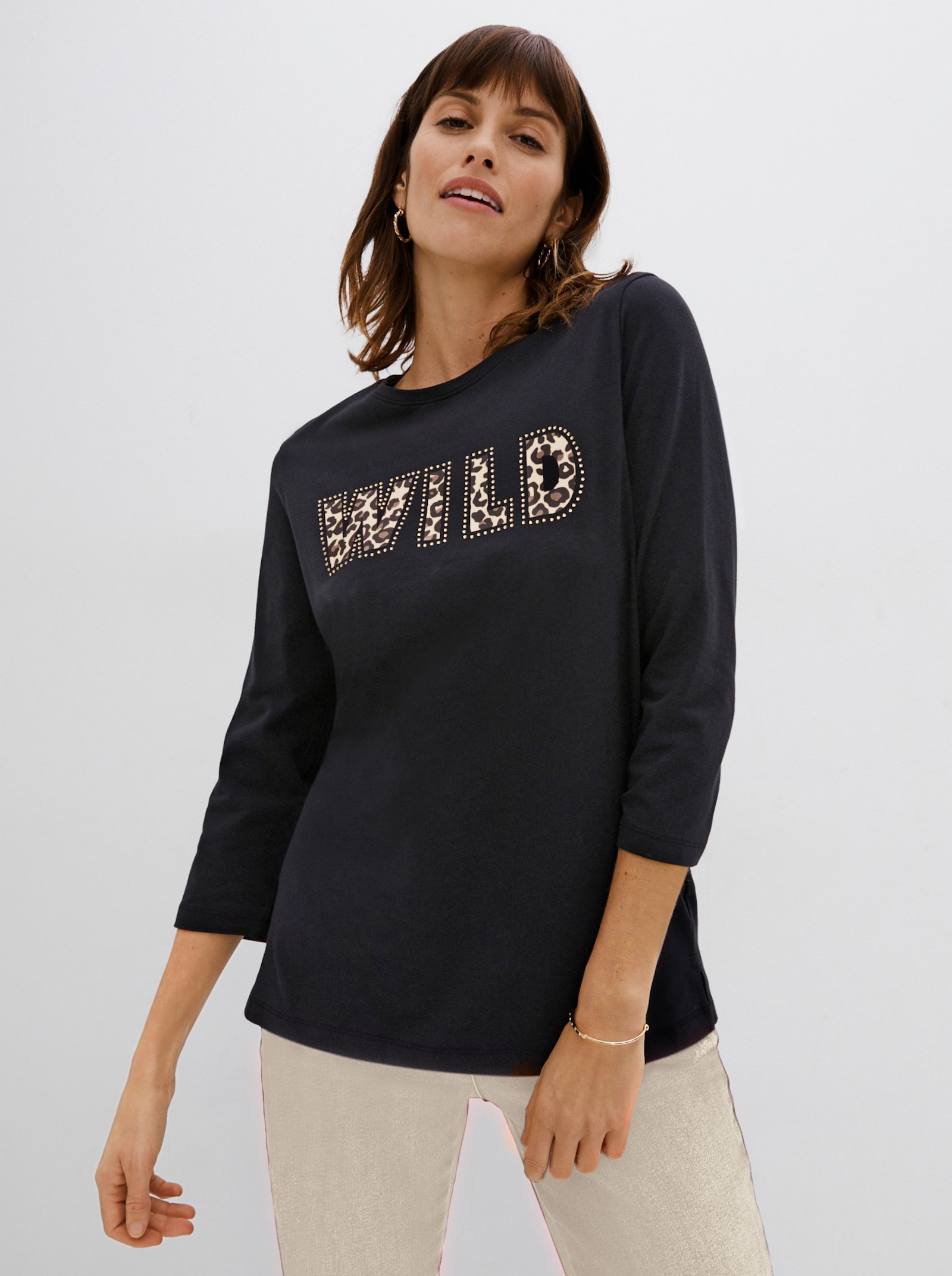 Langarmshirt mit Leo-Schriftzug - schwarz-champagner