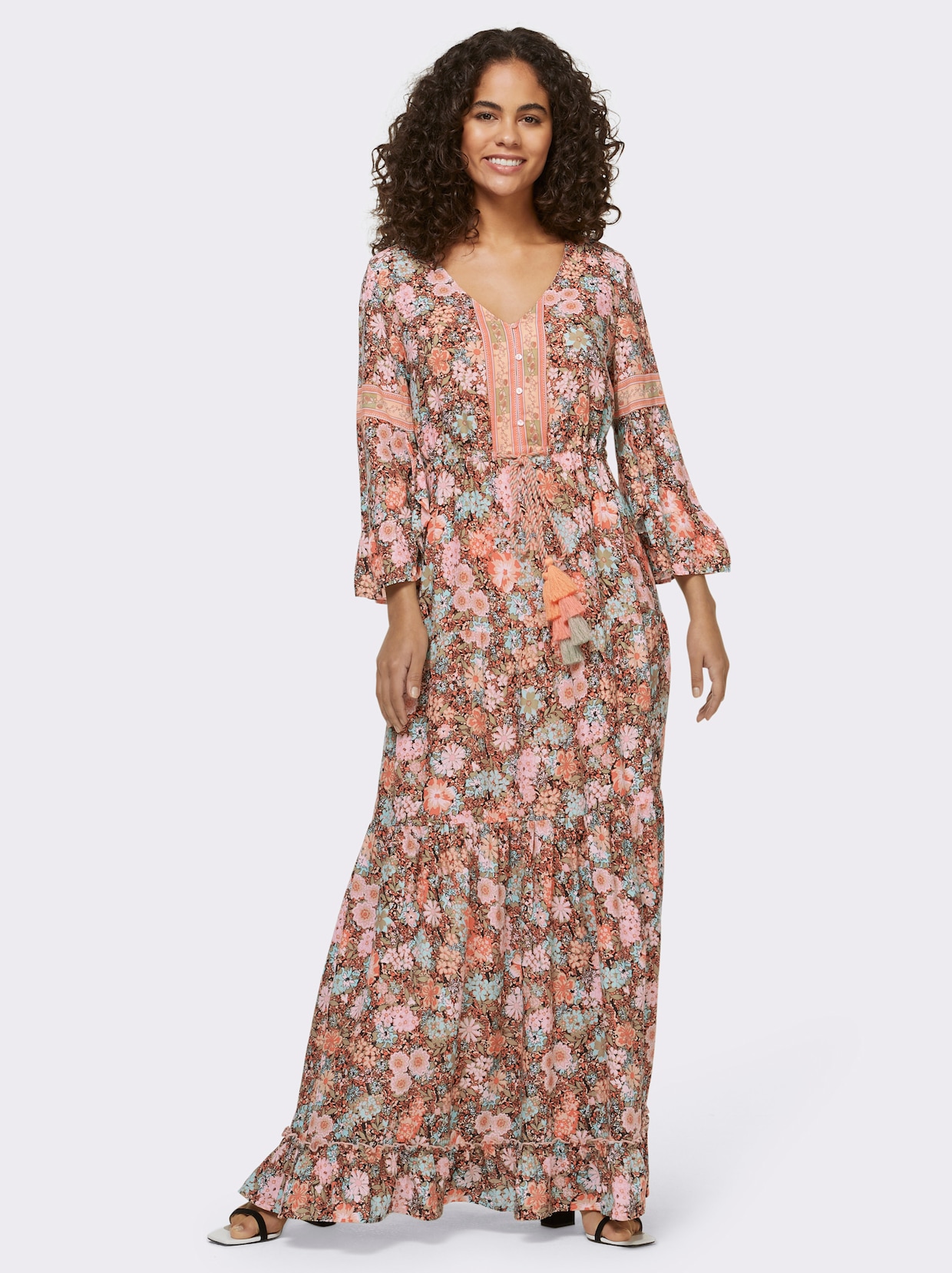 heine Druckkleid - schwarz-mandarine-bedruckt
