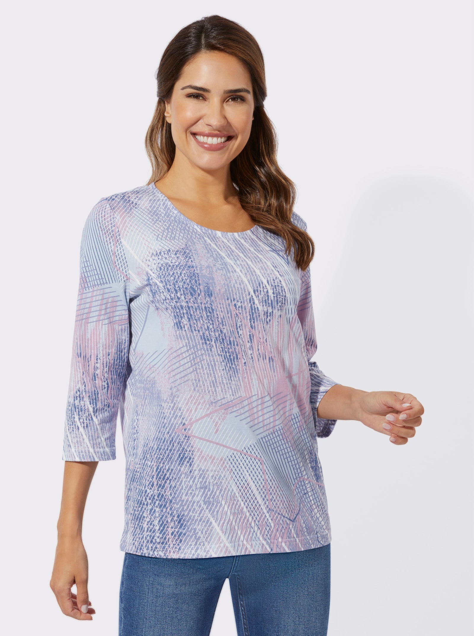 3/4-Arm-Shirt aus reiner Baumwolle - hellblau-jeansblau-bedruckt