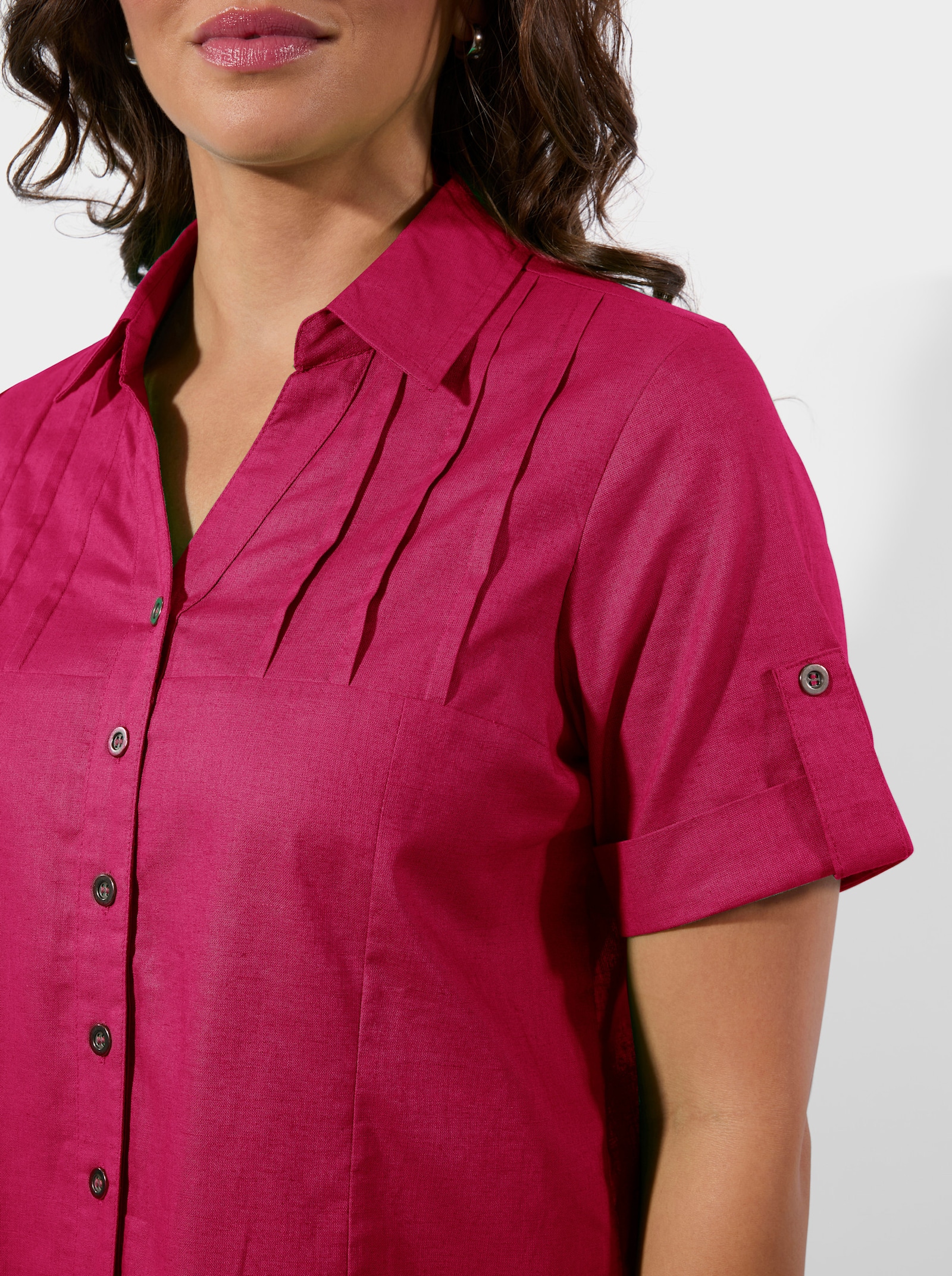 Kurzarm-Bluse im Baumwoll-Leinen-Mix - pink