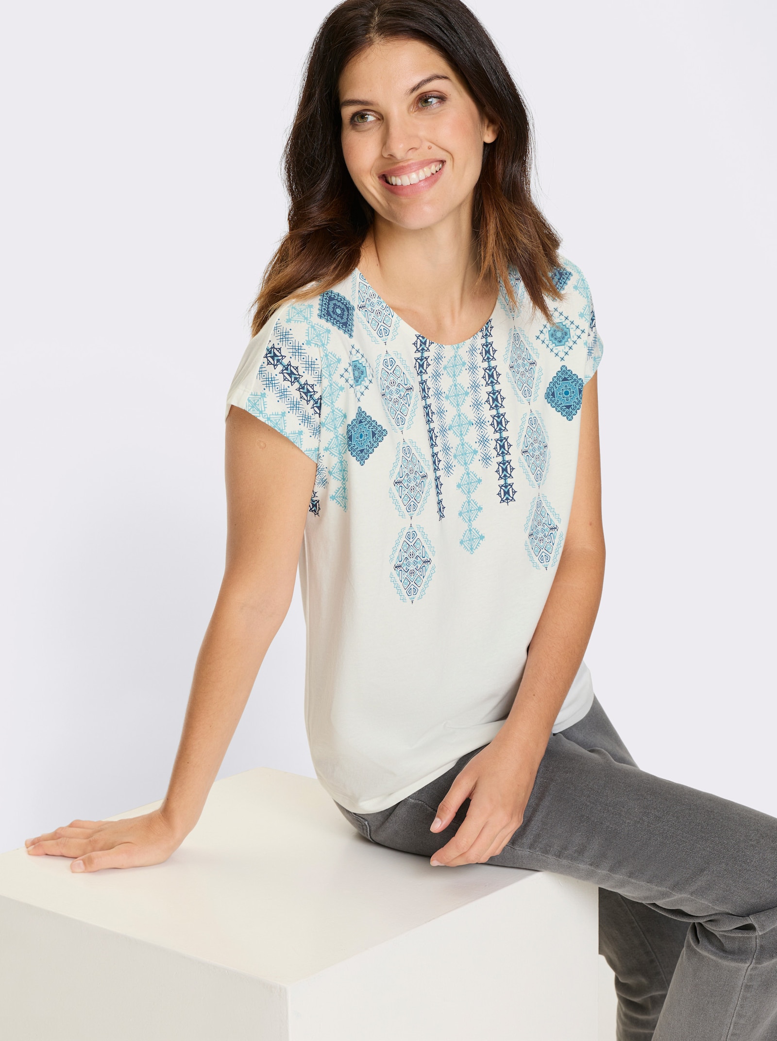 Shirt met korte mouwen en op dessin geplaatste etnoprint - ecru/donkerblauw