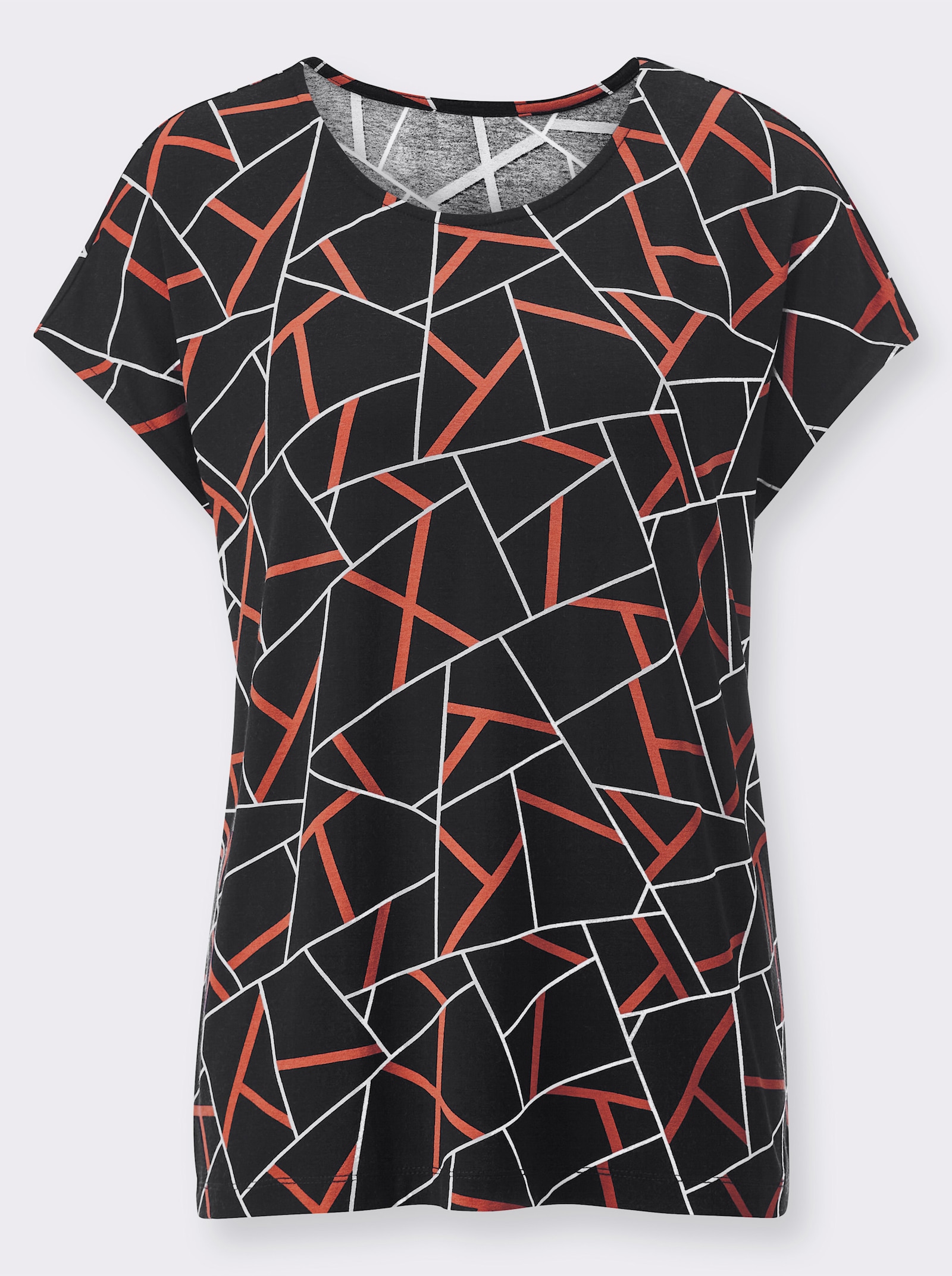 Kurzarmshirt mit grafischem Dessin - schwarz-papaya