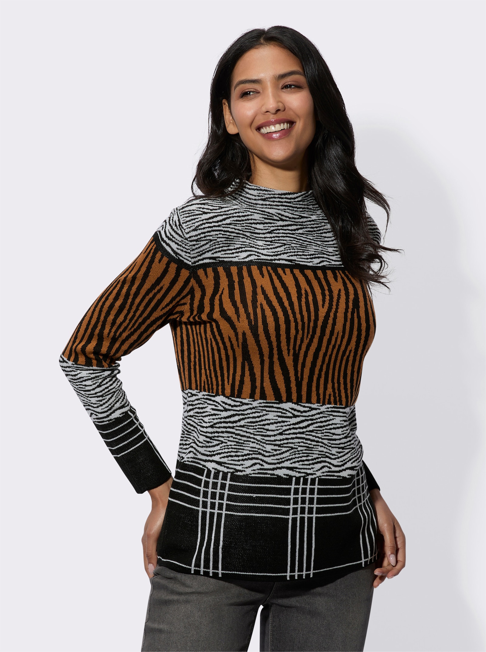 Jacquard-Pullover mit Kelchkragen - schwarz-cognac-gemustert