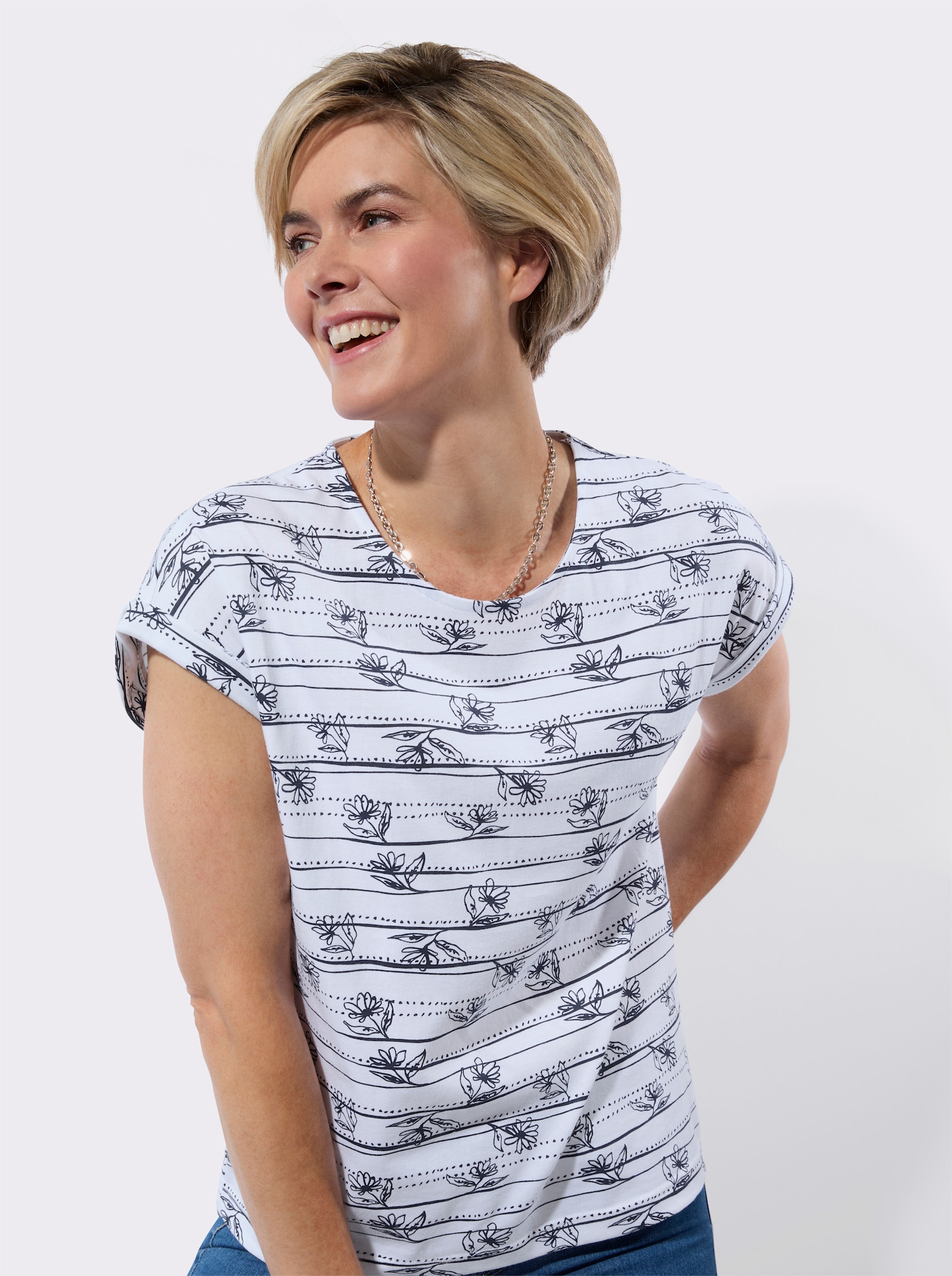 Shirt mit überschnittenen Schultern - weiß-marine-bedruckt