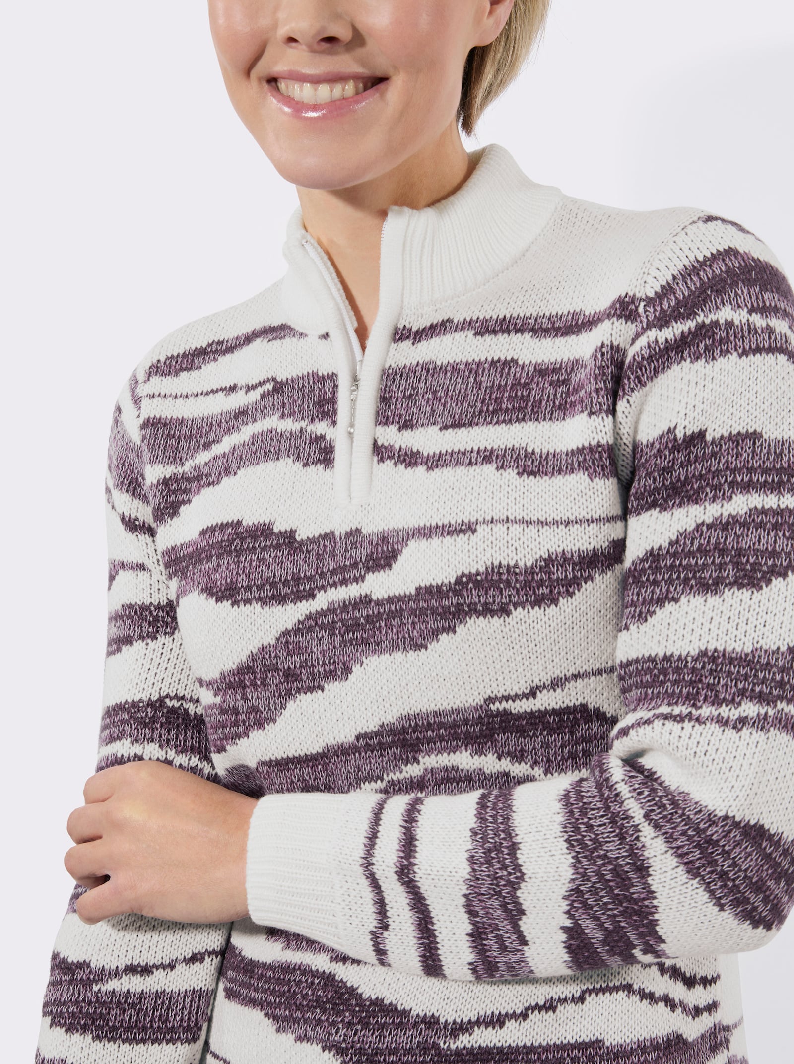 Jacquard-Pullover mit Stehkragen - ecru-violett-gemustert