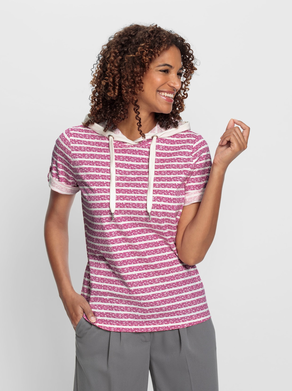 Kapuzenshirt - magenta-ecru-geringelt