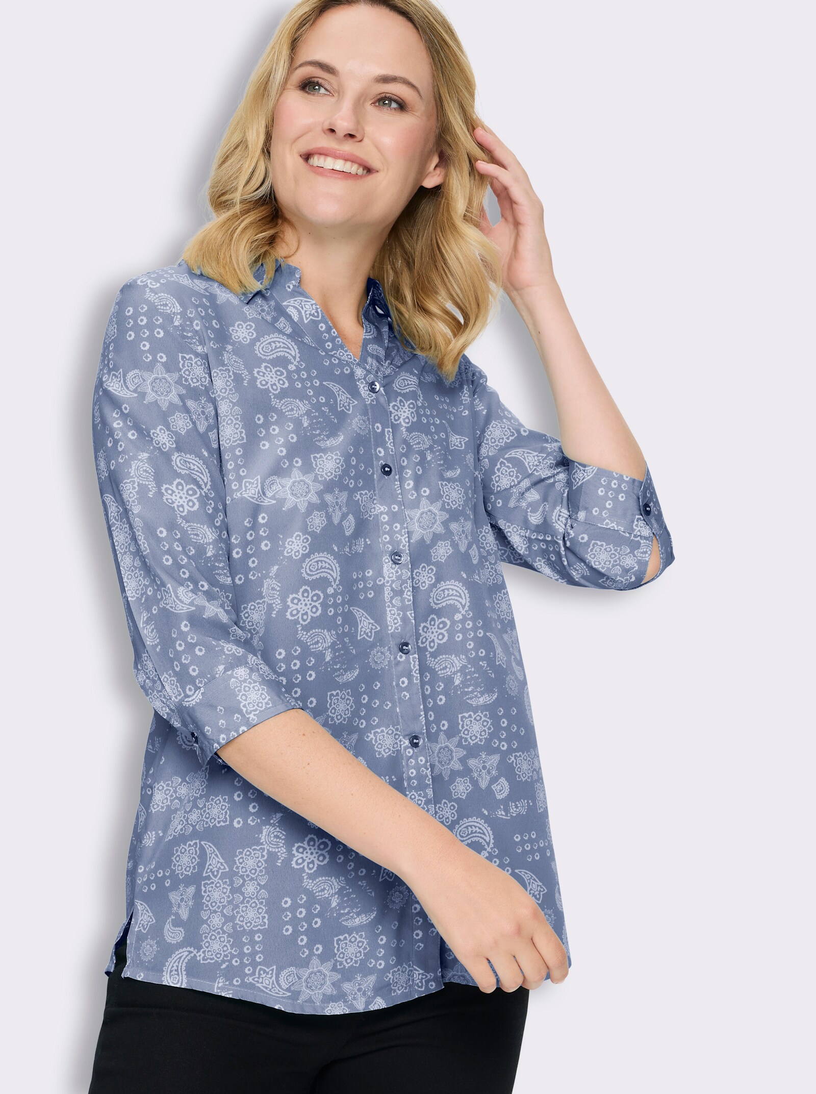 Longbluse mit Paisley-Print - taubenblau-weiß-bedruckt