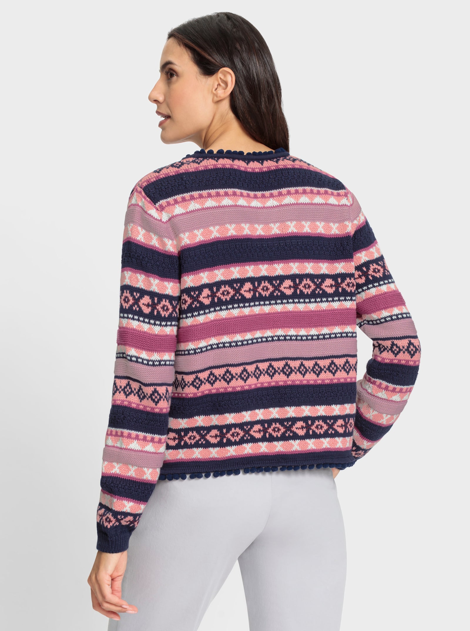 Pletený kabátek s lemem s bambulkami - námořnická modrá-vřesová-vzor