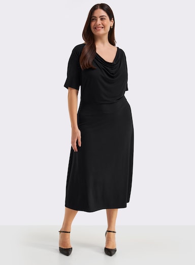 sheego Jerseykleid mit Wasserfall-Ausschnitt - schwarz
