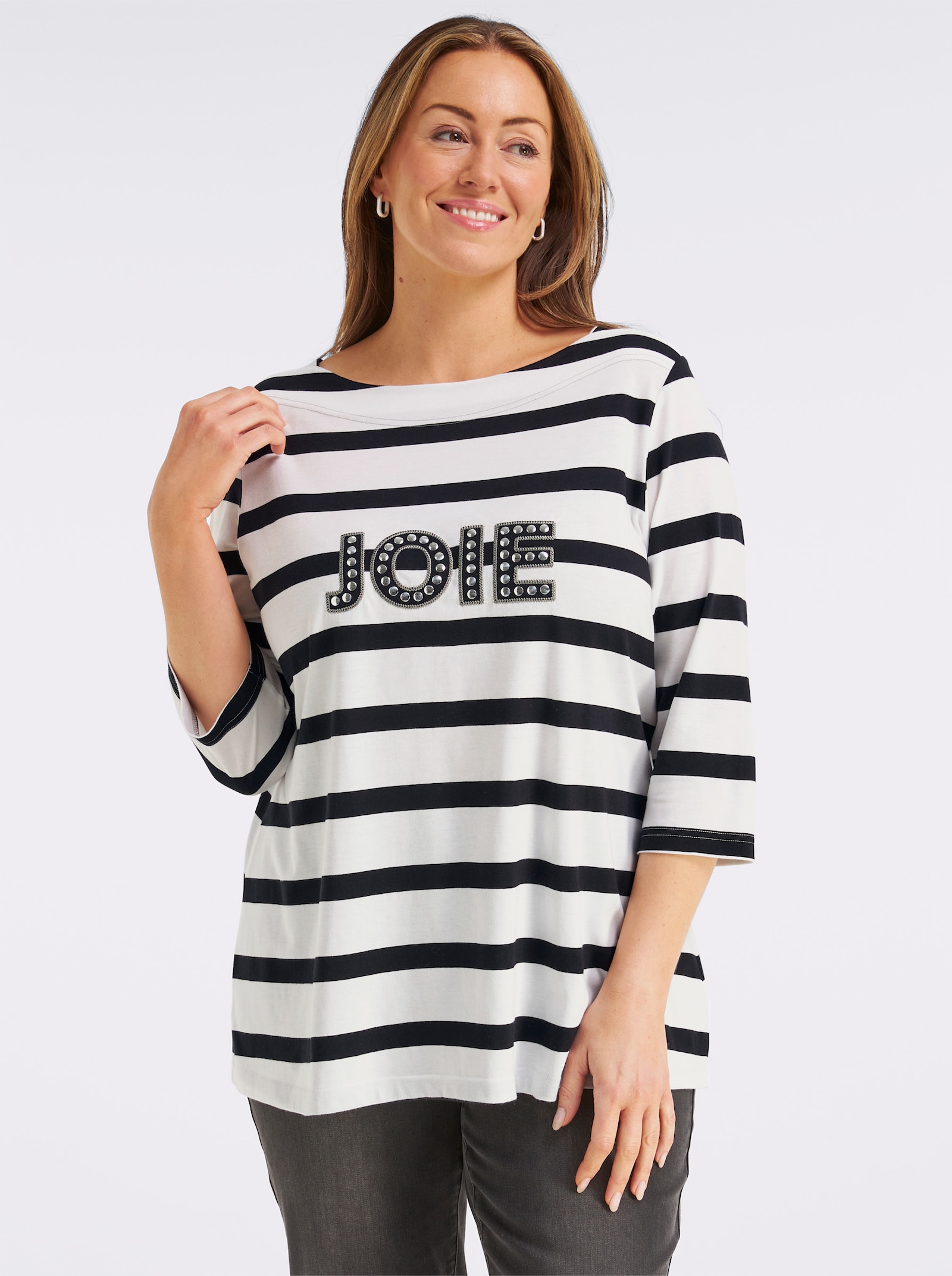 sheego 3/4-Arm-Shirt mit Ringeln und Front-Patches - weiß-schwarz-geringelt