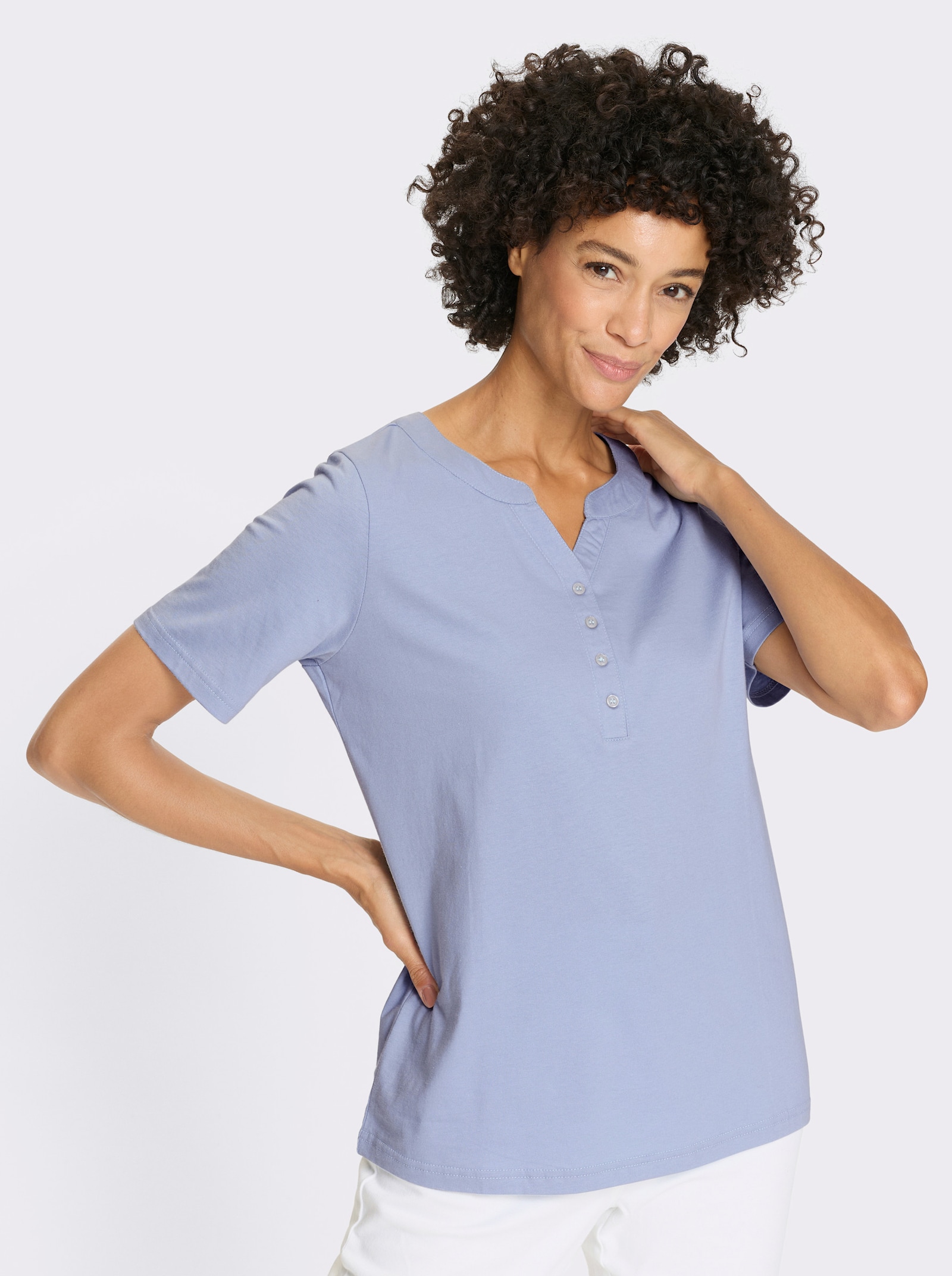 Kurzarmshirt mit Kontrastknöpfen - bleu